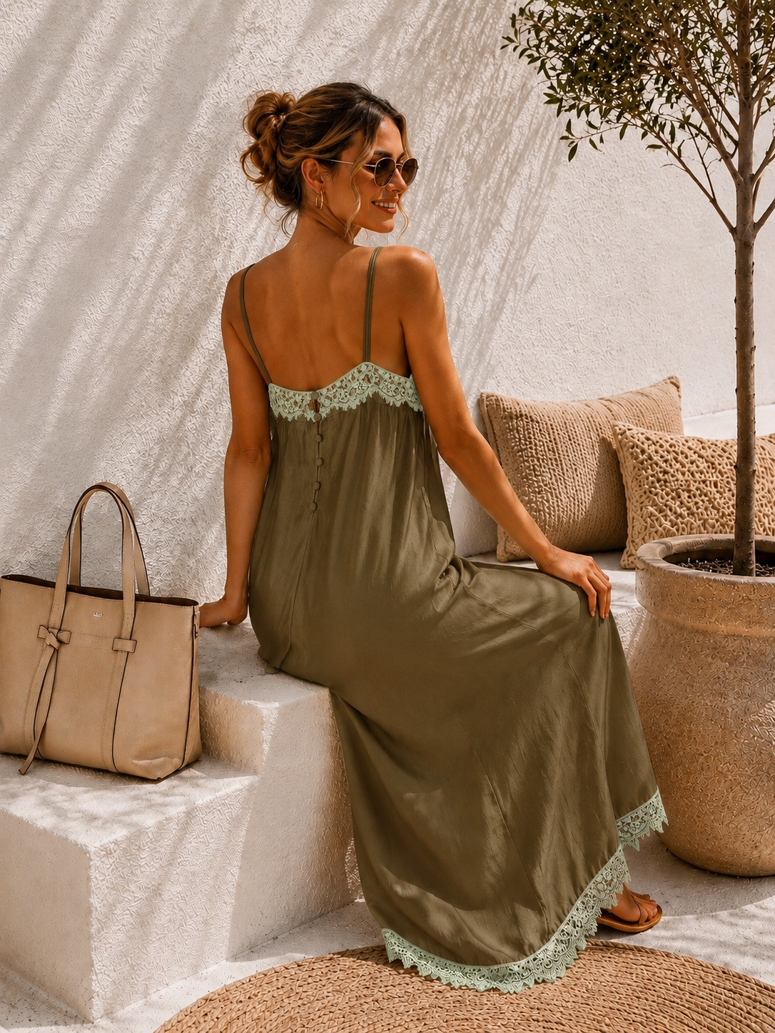 Maxikleid „Burano“ Khaki Spitzenbesatz Uni 34-42/44