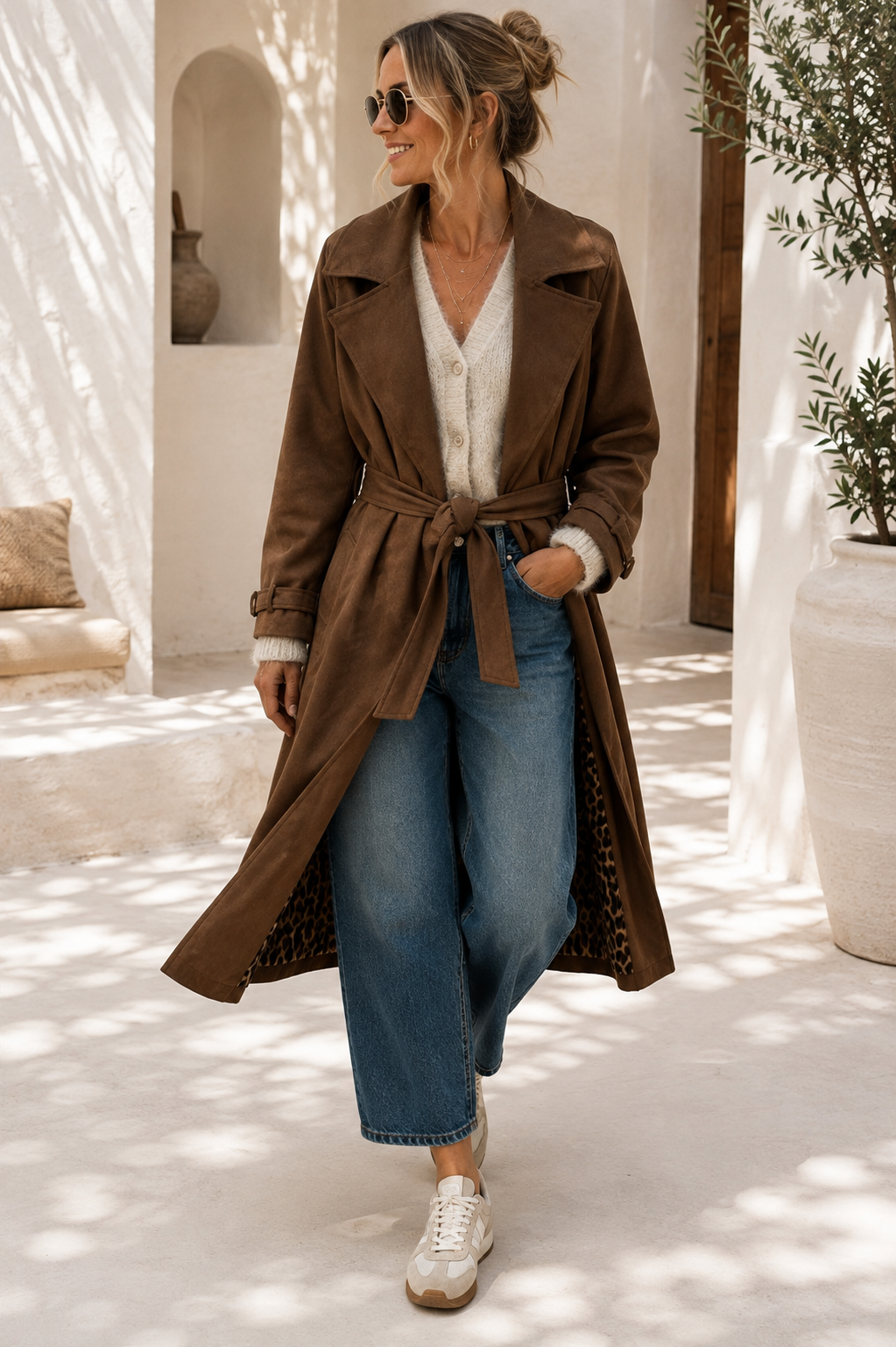 Tansania – Trenchcoat Mantel in Velourleder-Optik mit Leo-Futter | Made in Italy