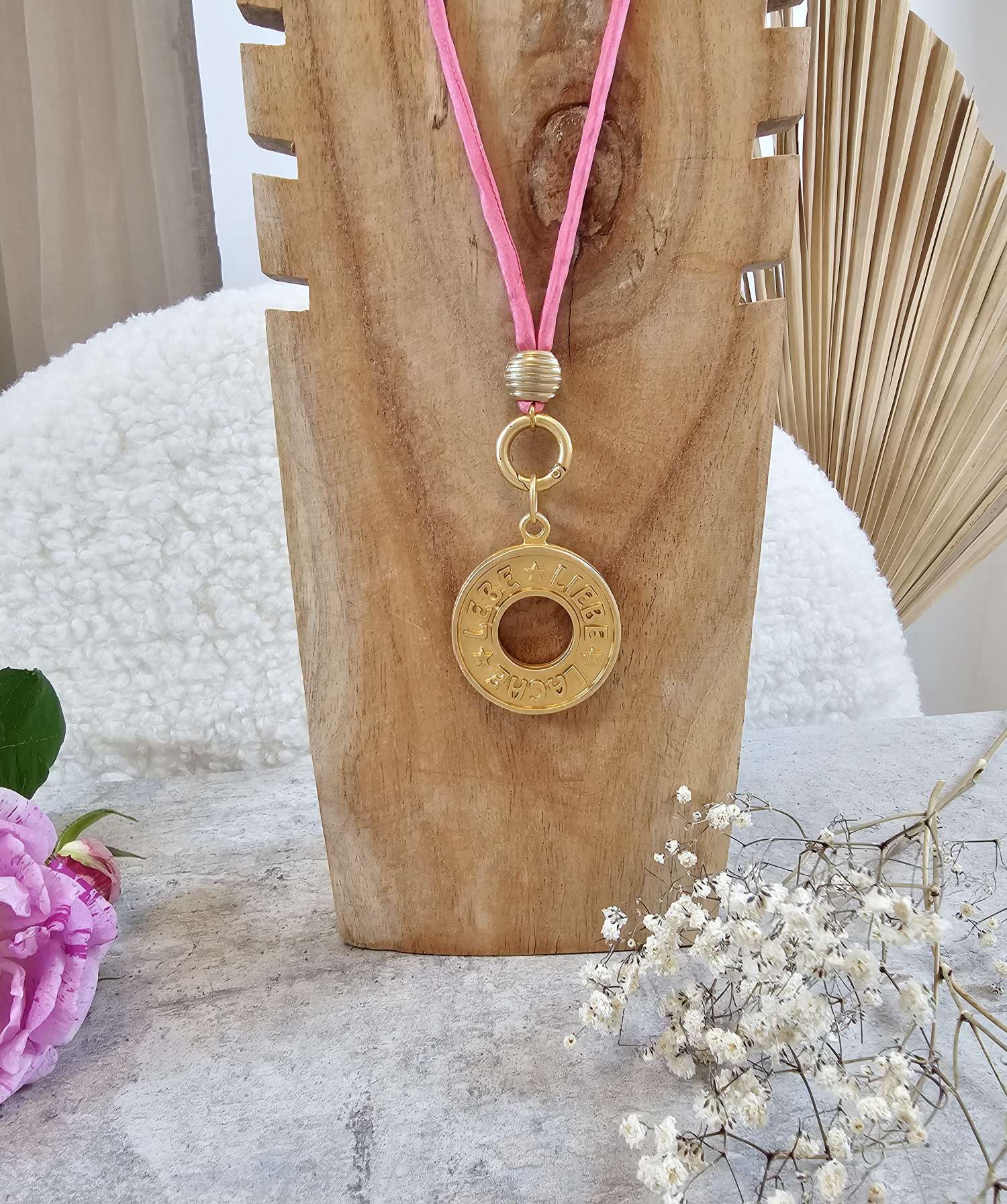 EXKLUSIVE LANGE SEIDEN KETTE GOLD SHINY PINK LEBE LIEBE LACHE Lange Silk Kette 