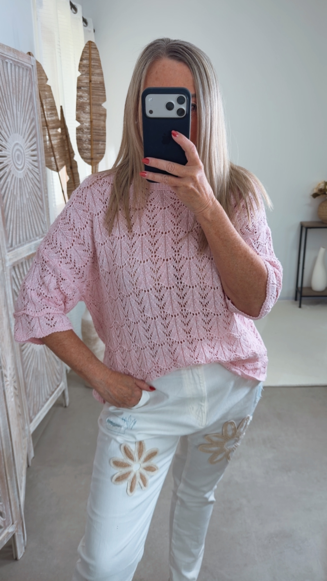 Strickshirt Lochmuster Fili Uni Made in Italy 34-42 Kurzarm Pullover