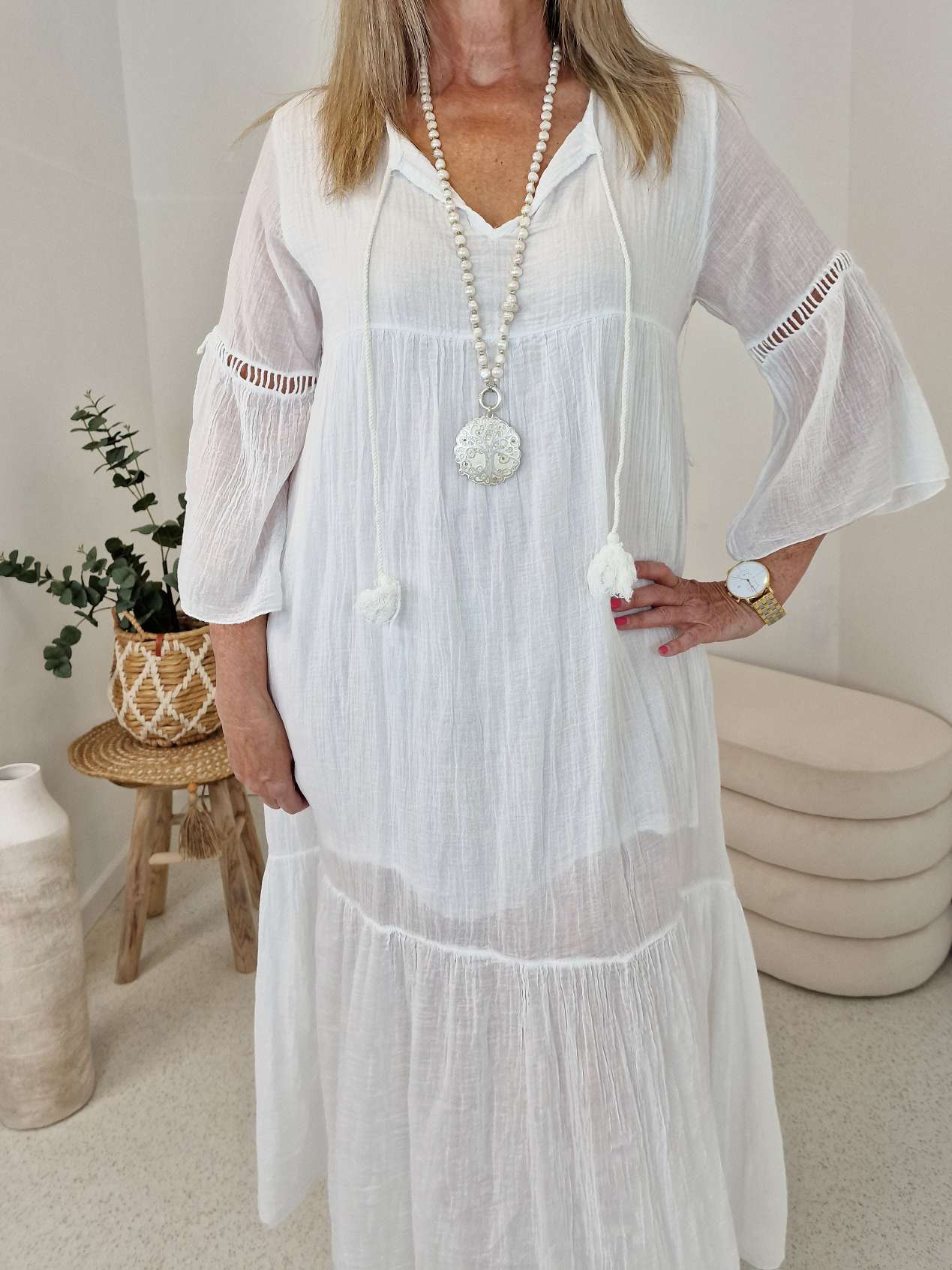 MAXI DRESS FINJA 2 WEISS 34-40 Made in Italy langes Kleid Sommerkleid Baumwolle MAXI DRESS FINJA 2 WEISS 34-40 Made in Italy langes Kleid Sommerkleid Baumwolle