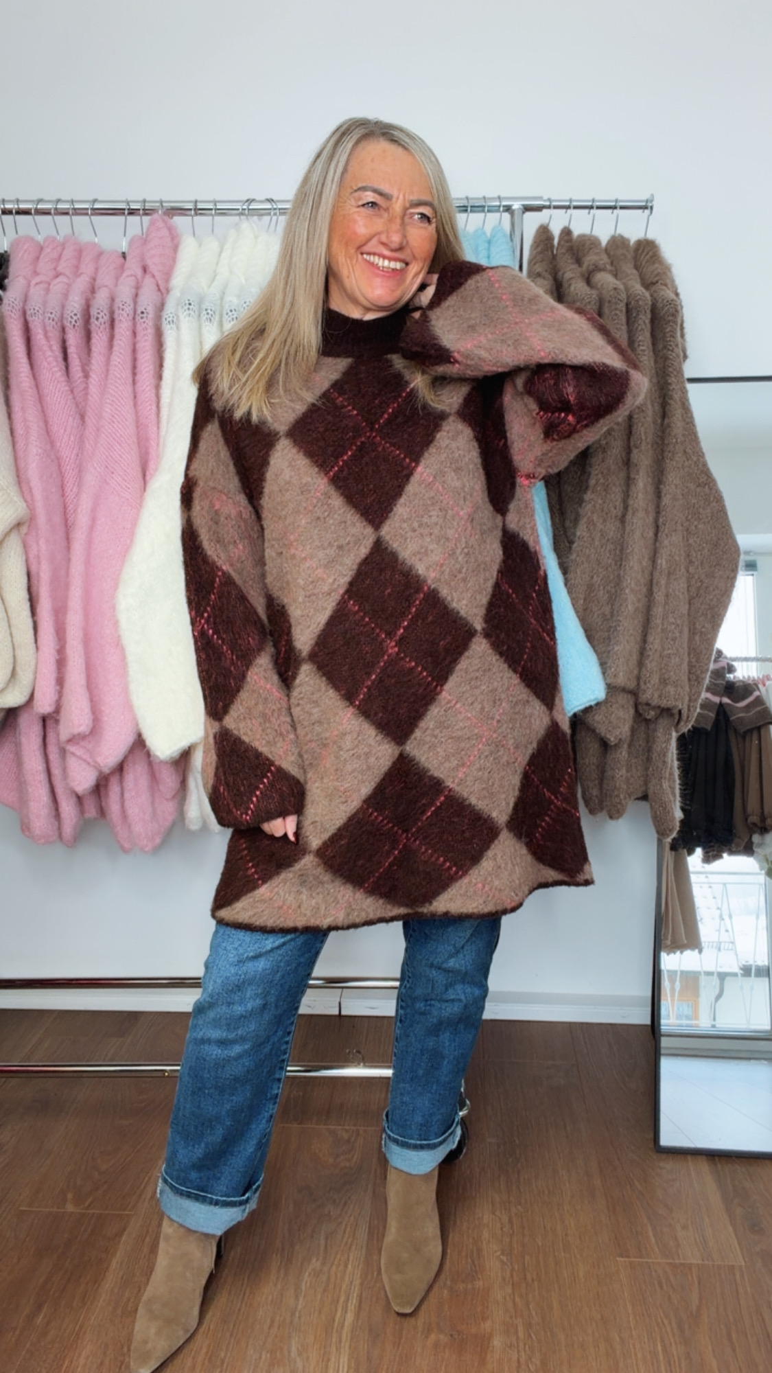 COZY KNIT SWEATER MIRANDA LONG Braun - Taupe  Pullover Strickpullover graphisches Muster 34- 44 Made in Italy