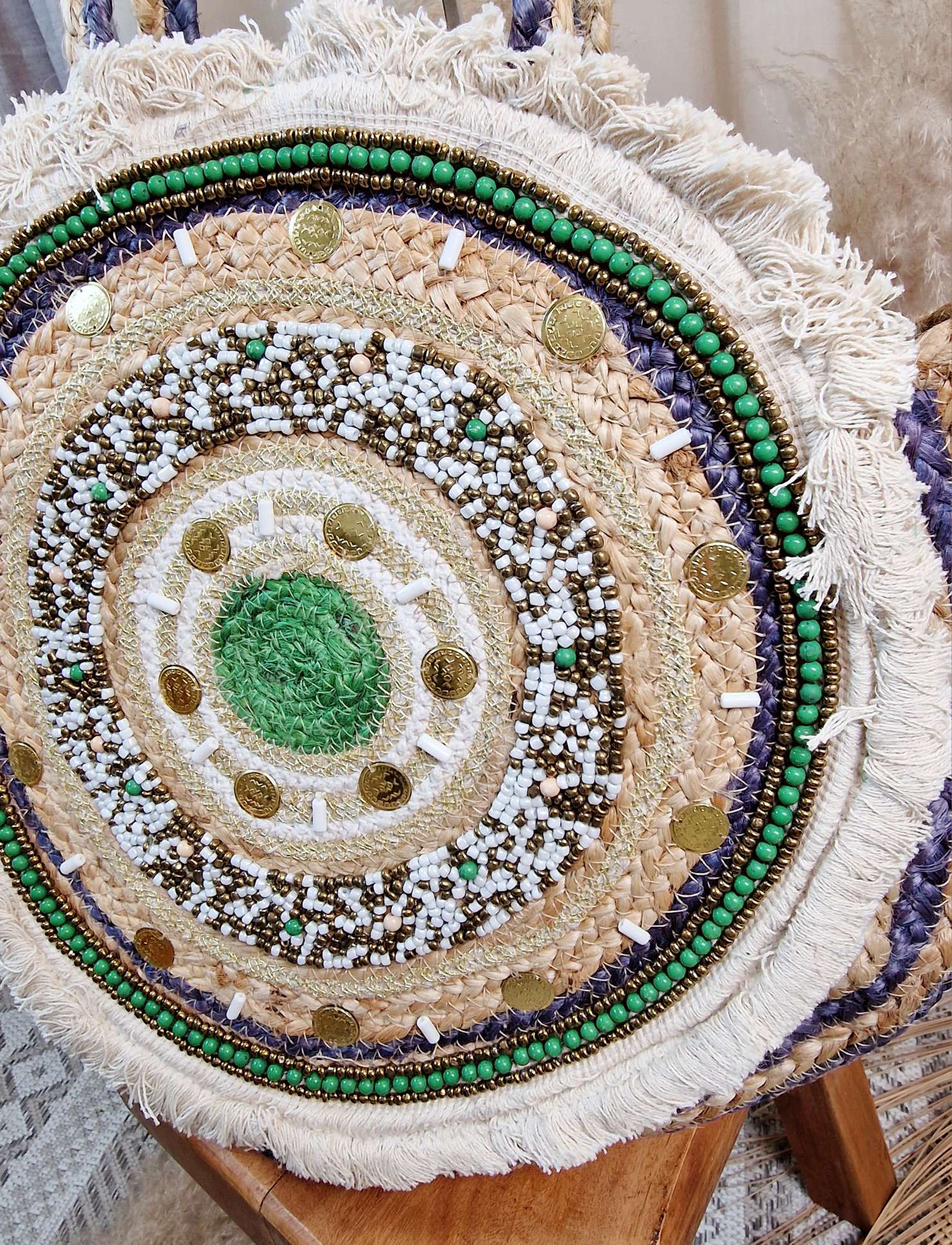 BOHO BAG KYLA RUND GRÜN Italy Design Bohemian Tasche Beach Bag Basttasche Strand