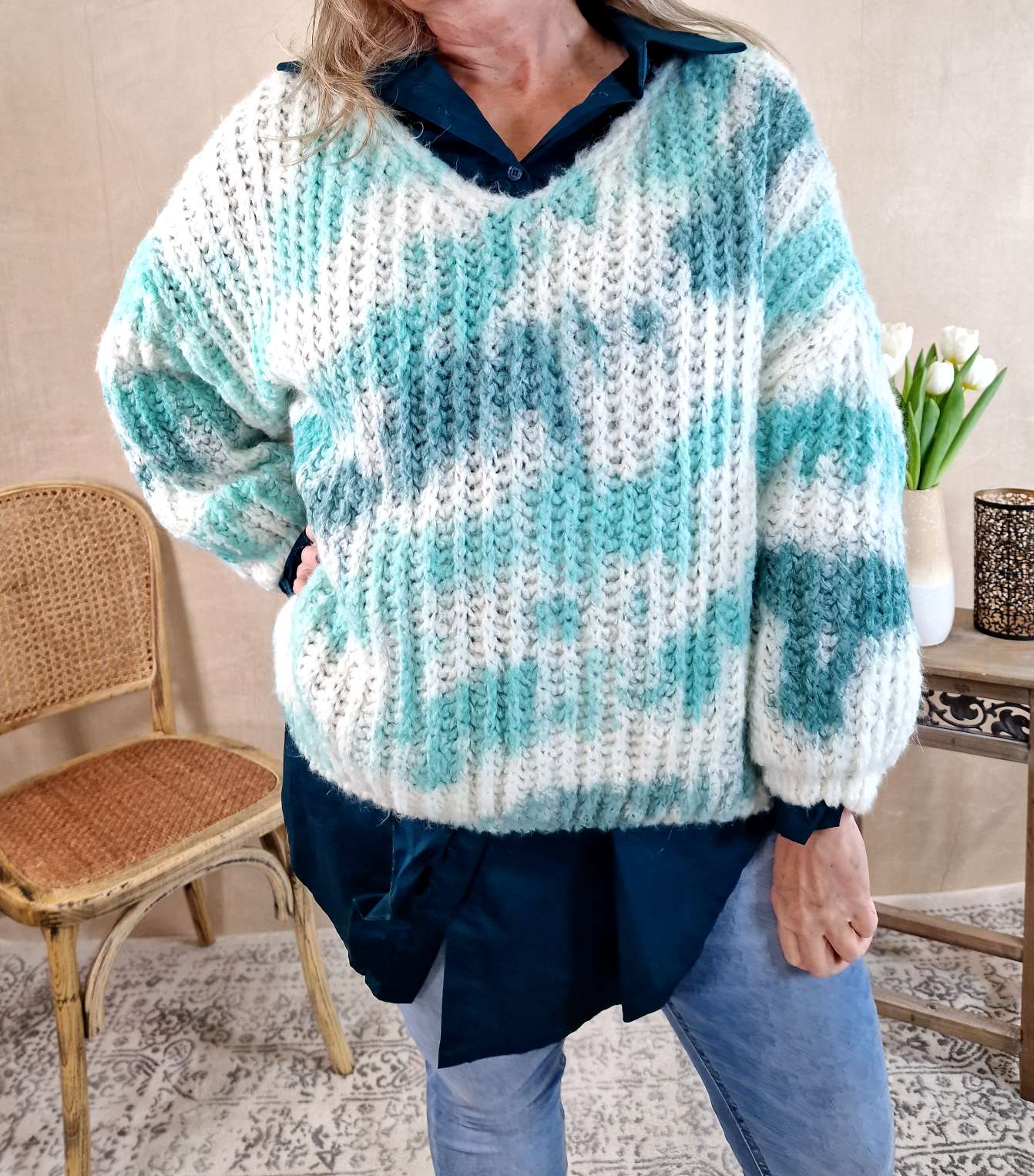 KNIT SWEATER SVENJA BATIK TÜRKIS Strickpullover Pullover 34-42 Oversize Made in Italy versch. Farben KNIT SWEATER SVENJA BATIK TÜRKIS Strickpullover Pullover 34-42 Oversize Made in Italy versch. Farben