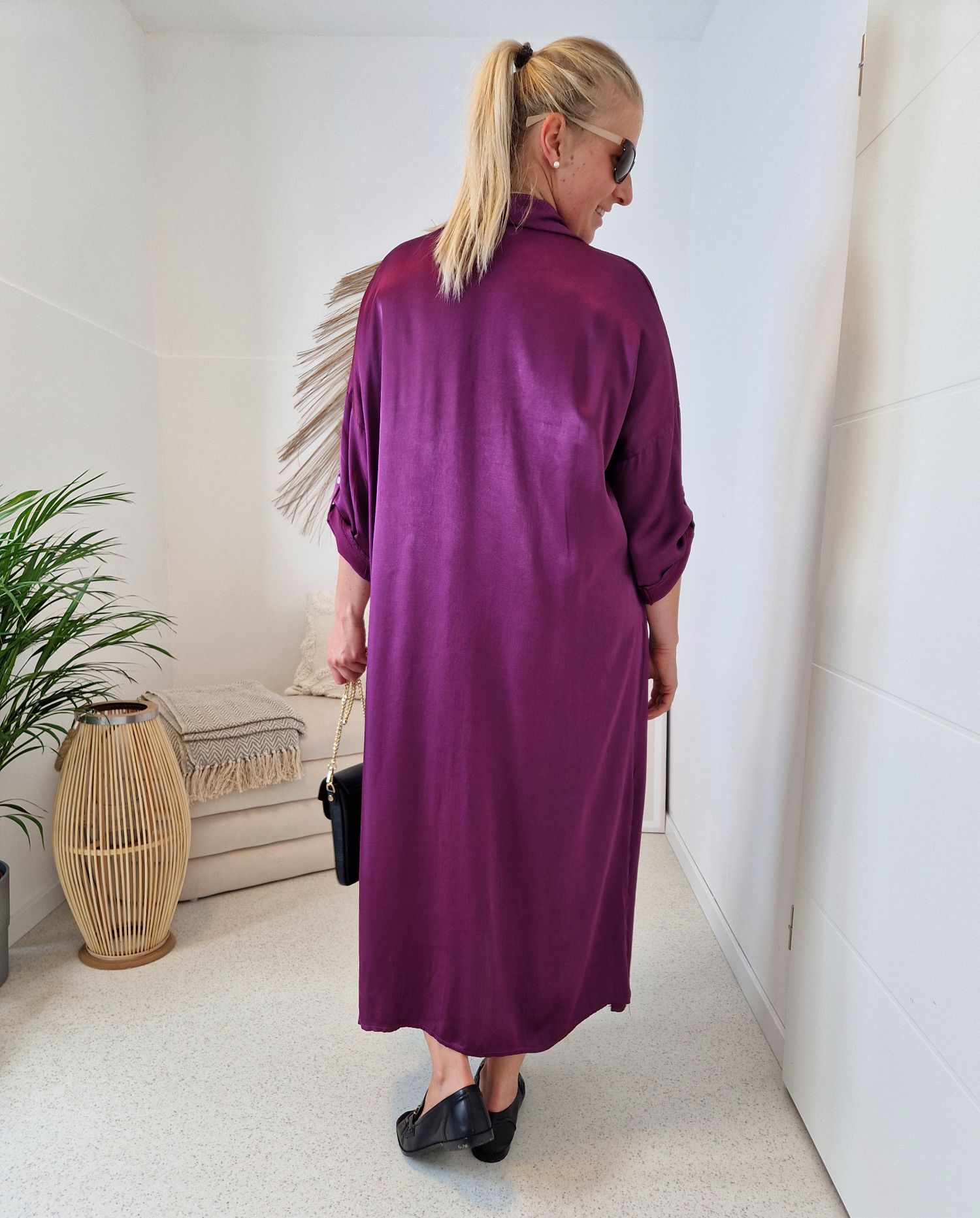 BLUSENKLEID NORA LILA 34-42/44 Made in Italy Oversize Maxi Kleid Mantel DRESS Satin Optik BLUSENKLEID NORA LILA 34-42/44 Made in Italy Oversize Maxi Kleid Mantel DRESS Satin Optik