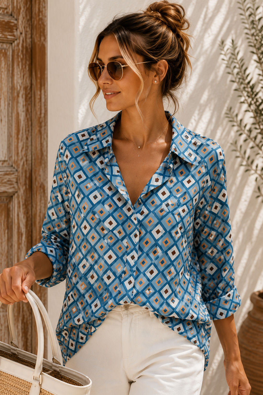 Bluse Valeria – Edle Kofferbluse mit grafischem Muster – Edle Kofferbluse mit grafischem Muster Made in Italy Gr 34-42