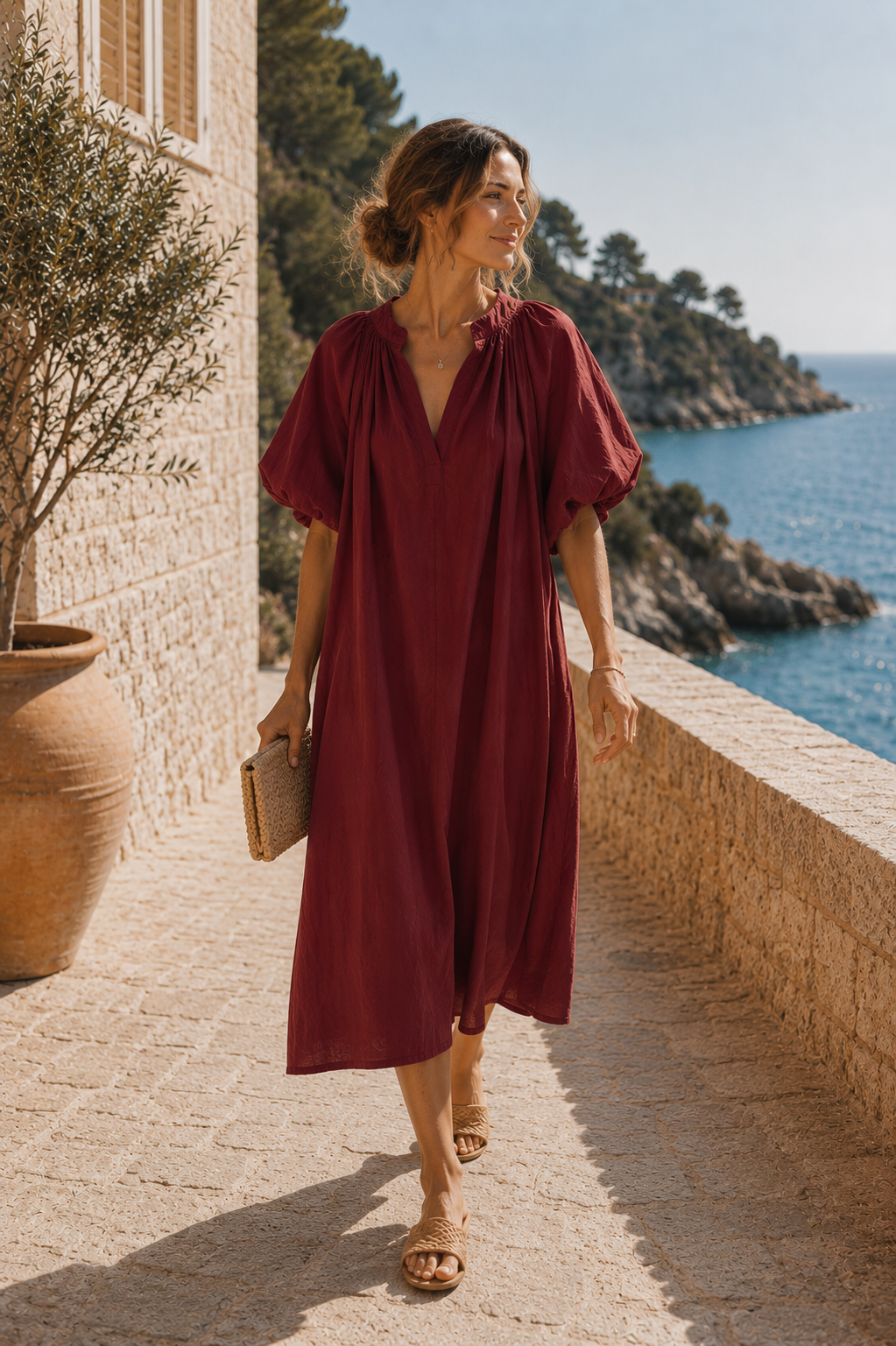 Kleid Kesia lang Tulpenärmel Uni Baumwolle Made in Italy 34-44/46