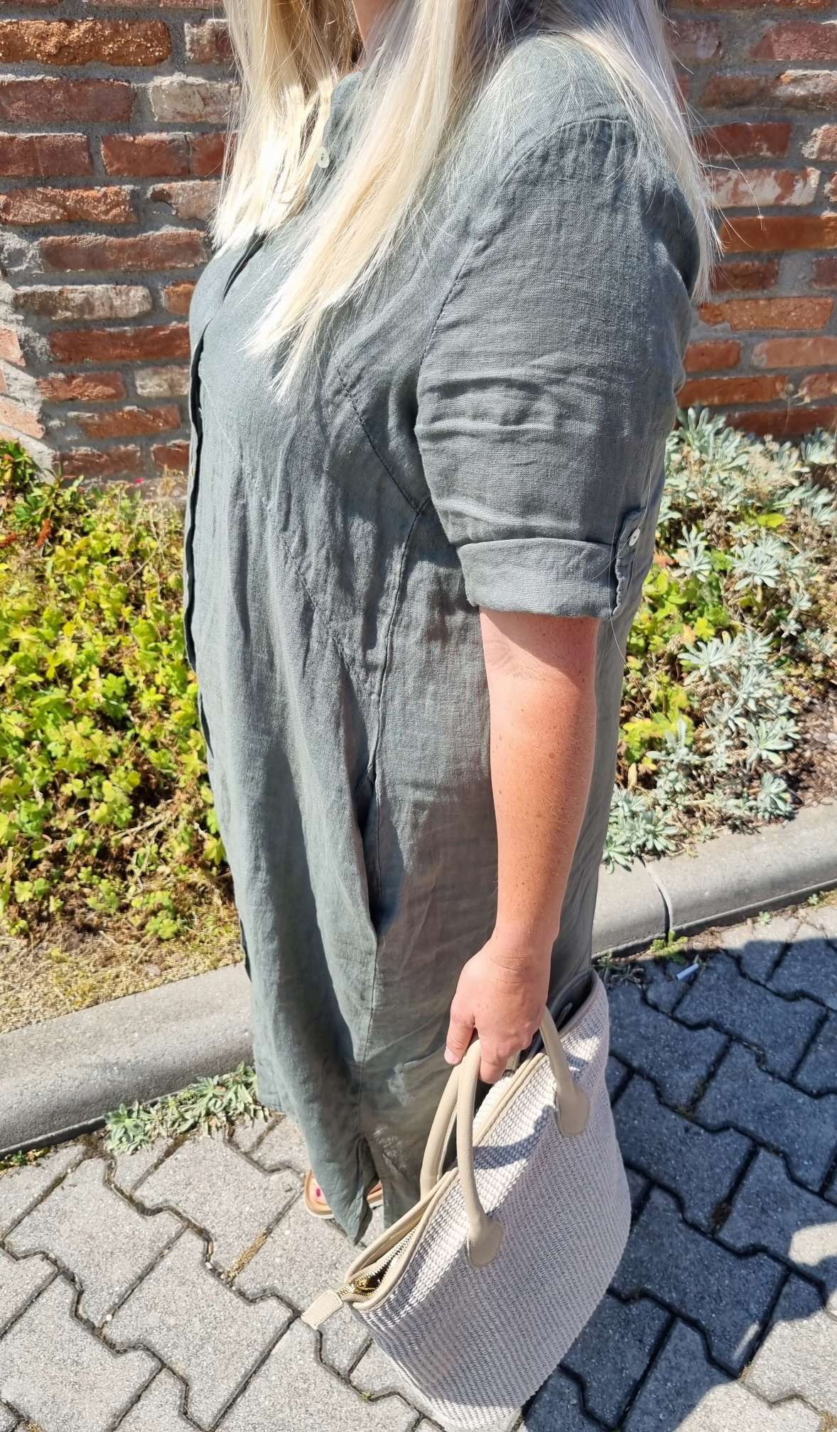 LINEN DESS WILMA KHAKI 34-42 Made in Italy Leinen Kleid Long Bluse Mantel LINEN DESS WILMA KHAKI 34-42 Made in Italy Leinen Kleid Long Bluse Mantel