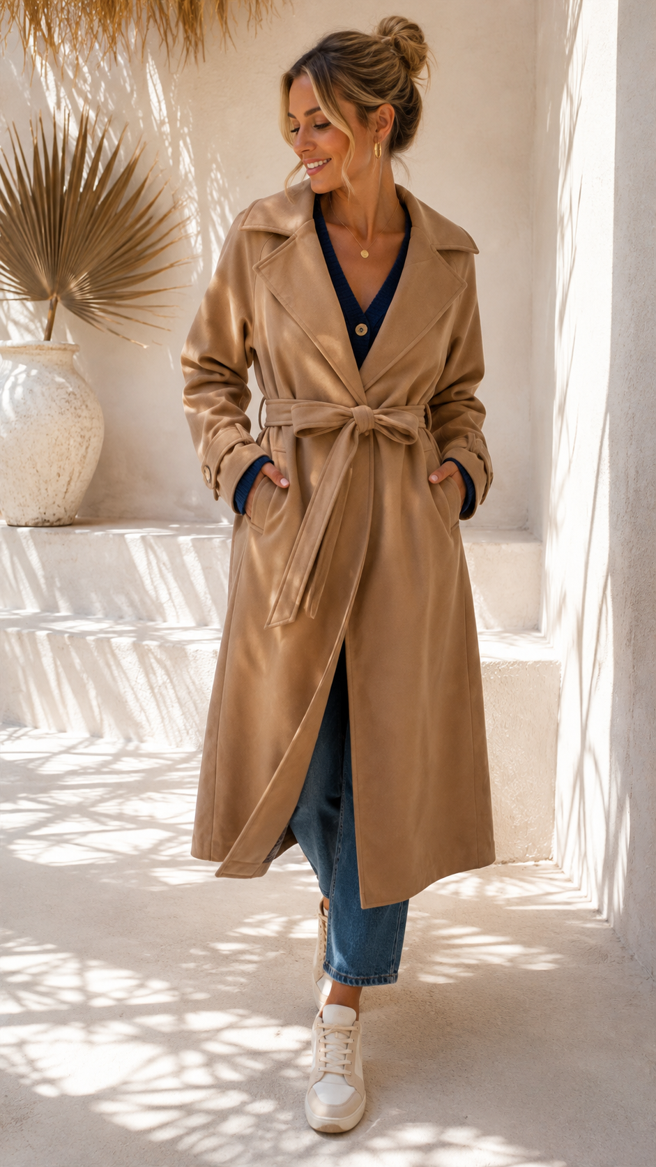 Tansania – Trenchcoat Mantel in Velourleder-Optik mit Leo-Futter | Made in Italy