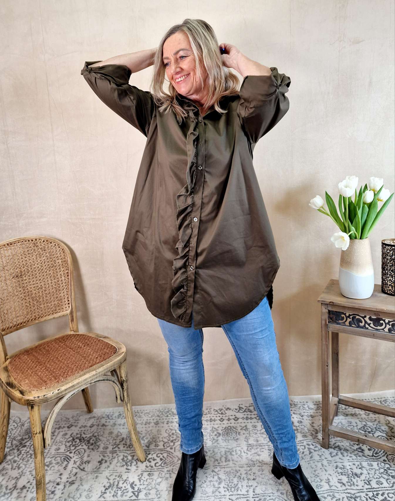 BASIC BLUSEJAMIE LONG KHAKI 34-42 Made in Italy Oversize Shirt Hemd LANG Blusenkleid BASIC BLUSEJAMIE LONG KHAKI 34-42 Made in Italy Oversize Shirt Hemd LANG Blusenkleid