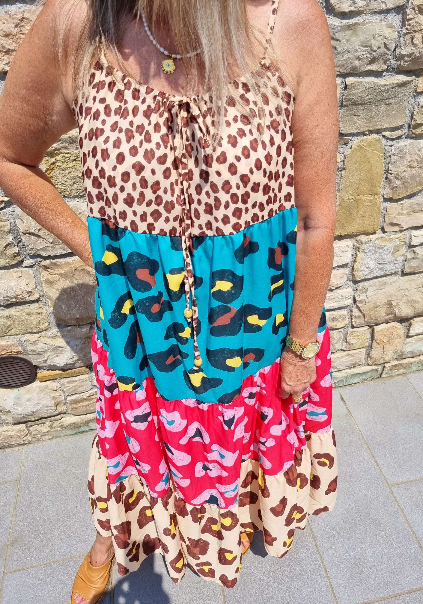 SPAGHETTI DRESS CHIETA LEO 36-42 Made in Italy Maxi Kleid Sommer Strandkleid Leopard BEIGE TÜRKIS PINK SPAGHETTI DRESS CHIETA LEO 36-42 Made in Italy Maxi Kleid Sommer Strandkleid Leopard BEIGE TÜRKIS PINK