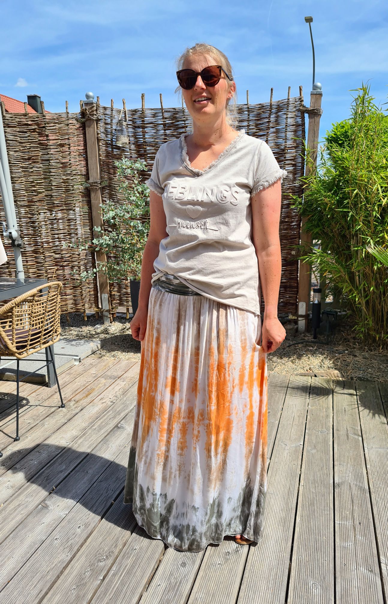 MAXI BATIK SKIRT ANNI ORANGE BEIGE GRAU 34-42 Made in Italy langer Rock Damenrock MAXI BATIK SKIRT ANNI ORANGE BEIGE GRAU 34-42 Made in Italy langer Rock Damenrock
