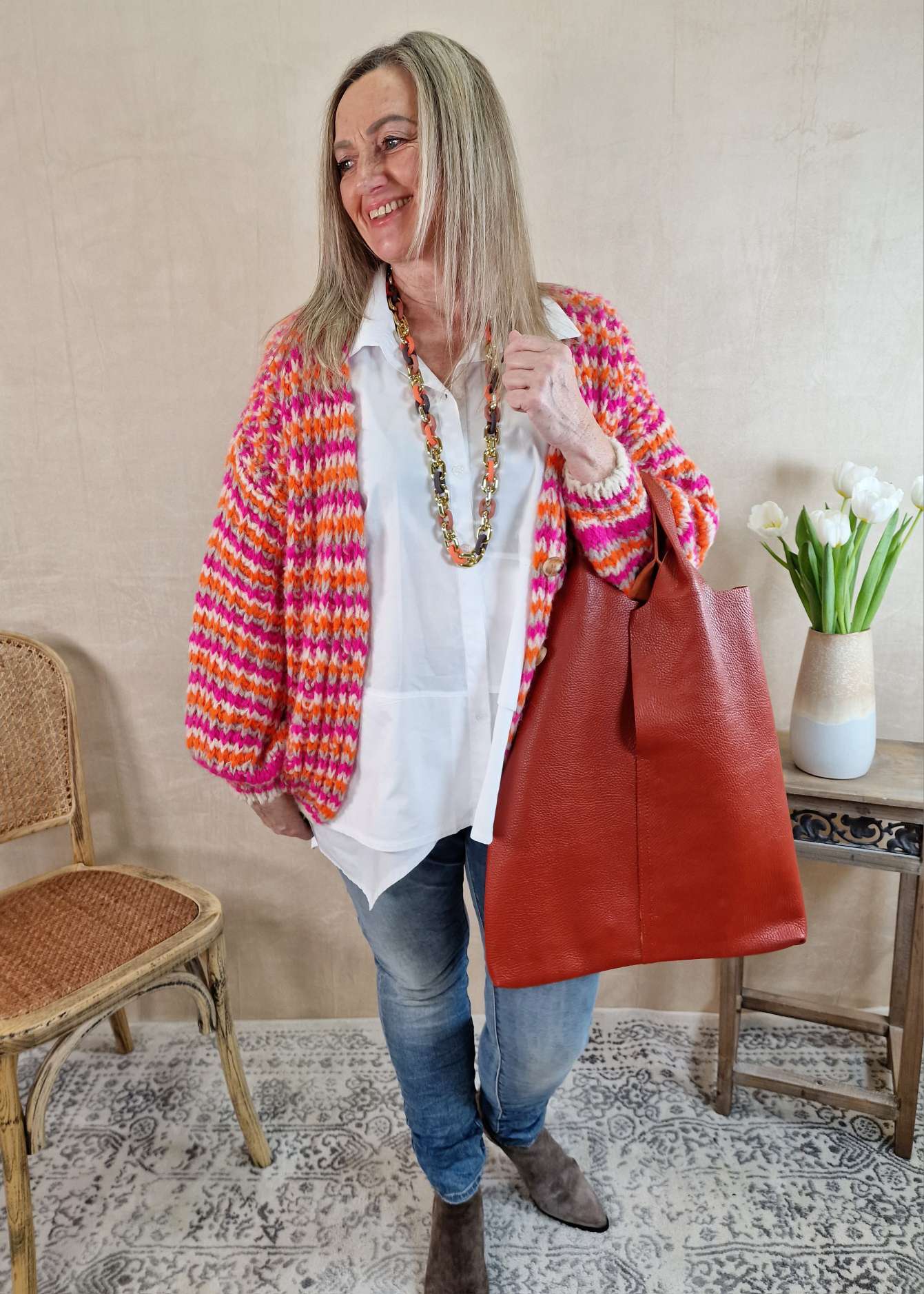 SHORT KNIT CARDIGAN DOMINO PINK ORANGE CREME kurze Strick Jacke Made in Italy 34-42 SHORT KNIT CARDIGAN DOMINO PINK ORANGE CREME kurze Strick Jacke Made in Italy 34-42