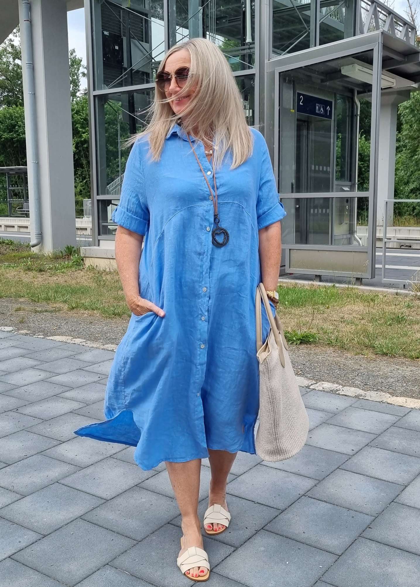 LINEN DESS WILMA DENIM BLAU 34-42 Made in Italy Leinen Kleid Long Bluse Mantel LINEN DESS WILMA DENIM BLAU 34-42 Made in Italy Leinen Kleid Long Bluse Mantel