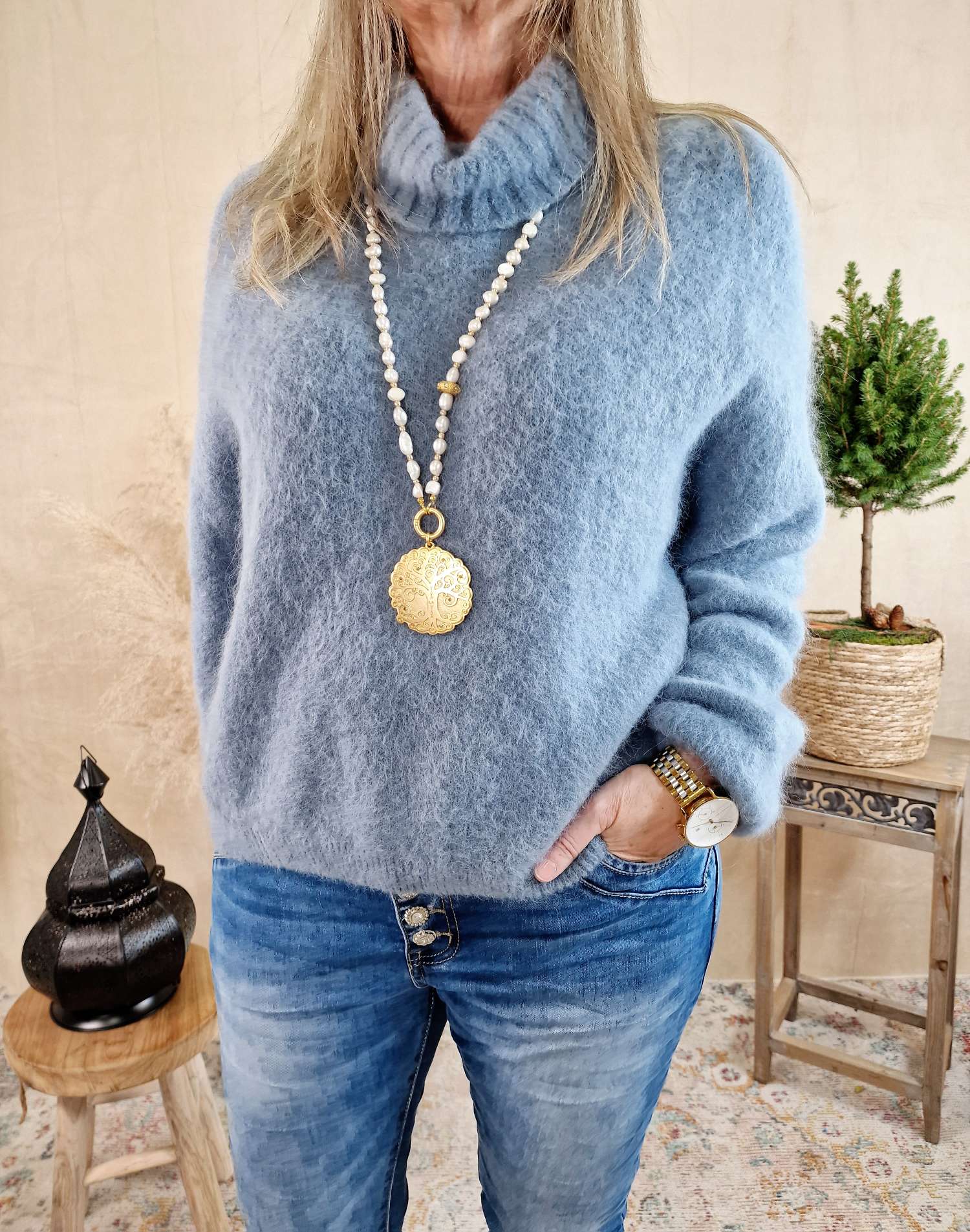 EDLER LUXURY ROLLKRAGEN PULLOVER FRANKA HELLBLAU 34-42 Made in Italy Strickpullover Alpaka Wolle