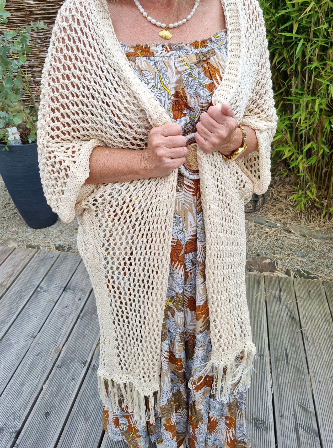 LONG CARDIGAN KOS FRINGES BEIGE Langer Strick Mantel Jacke Made in Italy Lochmuster Häkel 34-42/44 LONG CARDIGAN KOS FRINGES BEIGE Langer Strick Mantel Jacke Made in Italy Lochmuster Häkel 34-42/44