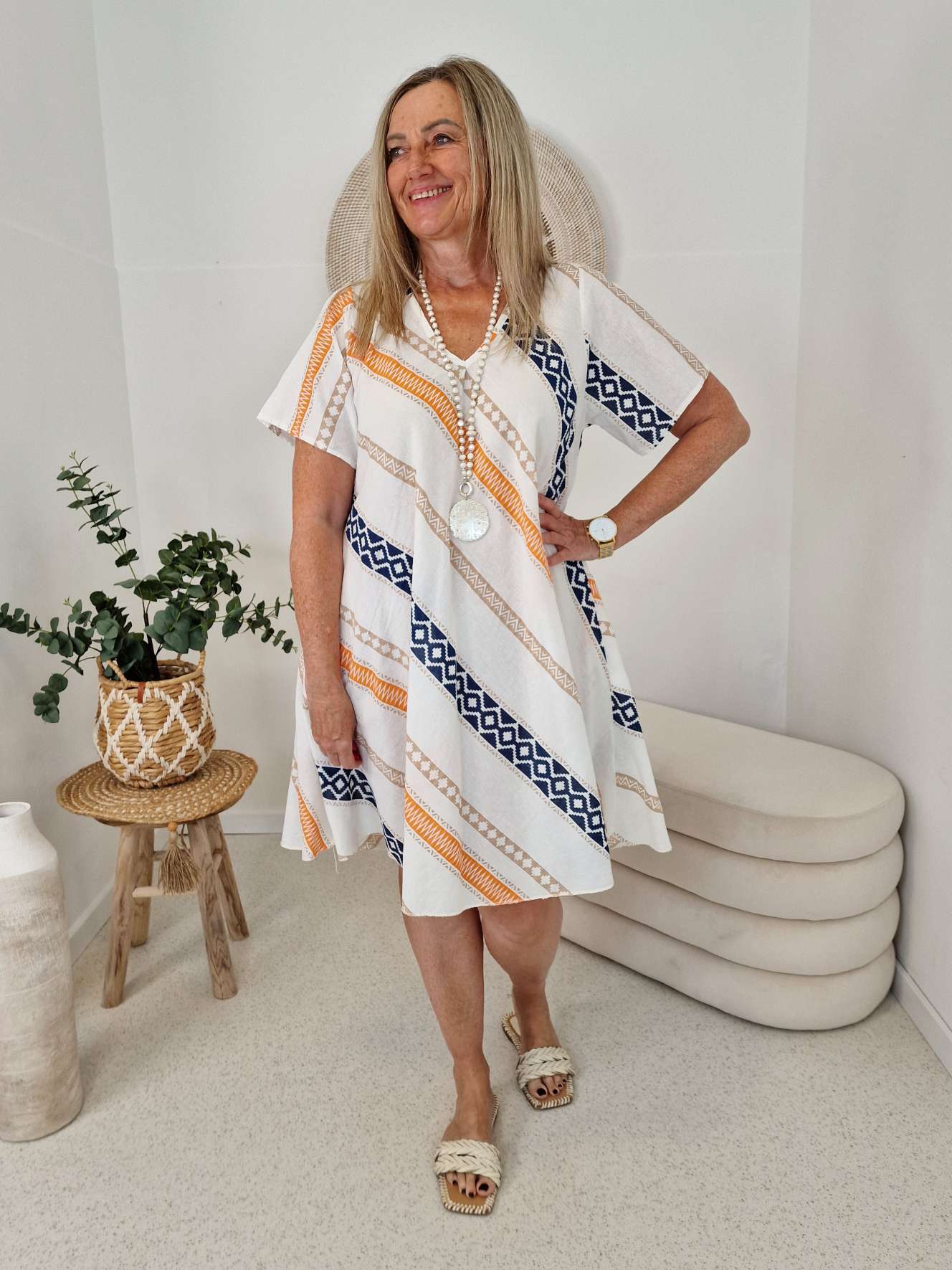 SOMMERKLEID PAROS ORANGE BLAU Greek Style 36 - 42 SOMMERKLEID PAROS ORANGE BLAU Greek Style 36 - 42