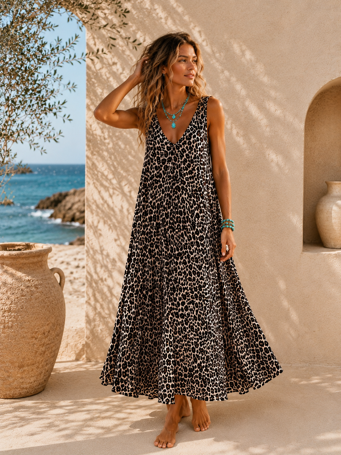 🐆 Kleid Simba lang – Made in Italy 🇮🇹 – Made in Italy  Trendiges Leo-Kleid mit Taschen | Passend bis Größe 42/44