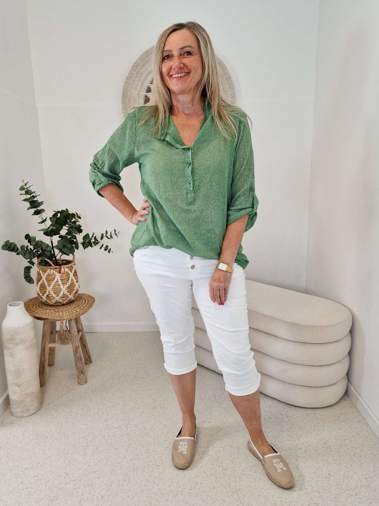 ZARTE STREIFEN BLUSE BELINDE GRÜN 34-42 langarm Bluse Shirt ZARTE STREIFEN BLUSE BELINDE GRÜN 34-42 langarm Bluse Shirt