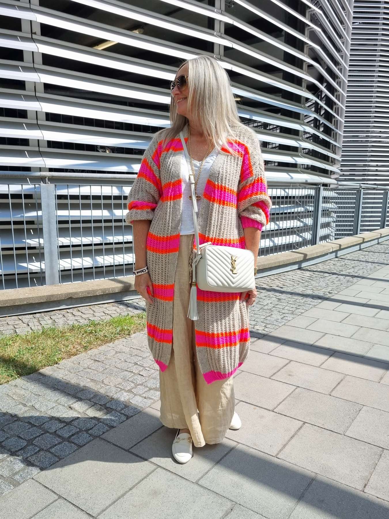 LONG KNIT CARDIGAN MYKONOS STRIPES BEIGE langer Strick Mantel Jacke Made in Italy Streifen 34-42 LONG KNIT CARDIGAN MYKONOS STRIPES BEIGE langer Strick Mantel Jacke Made in Italy Streifen 34-42