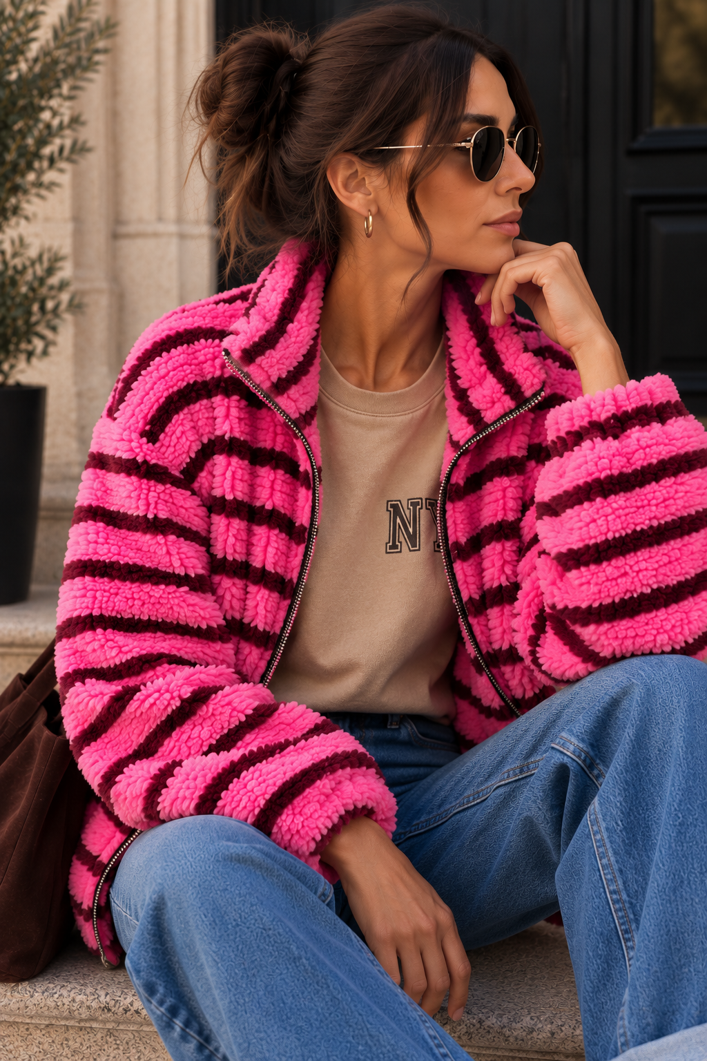 Kuschelige Teddyjacke mit Streifen I TJ0068 I Made in Italy 34-40/42