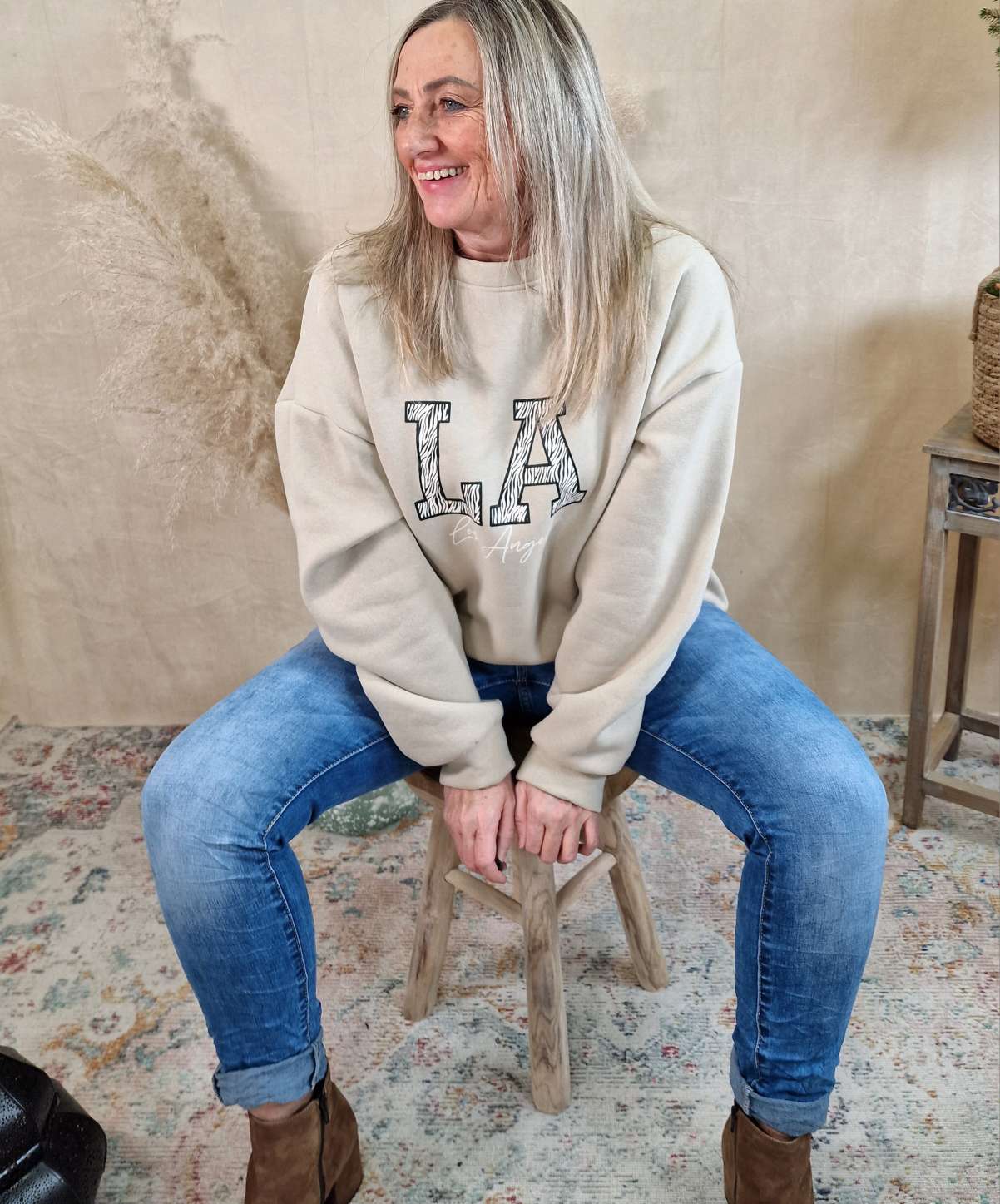 SWEATER LA LOS ANGELES ZEBRA BEIGE 34-42 Made in Italy Oversize Pullover Sweatshirt