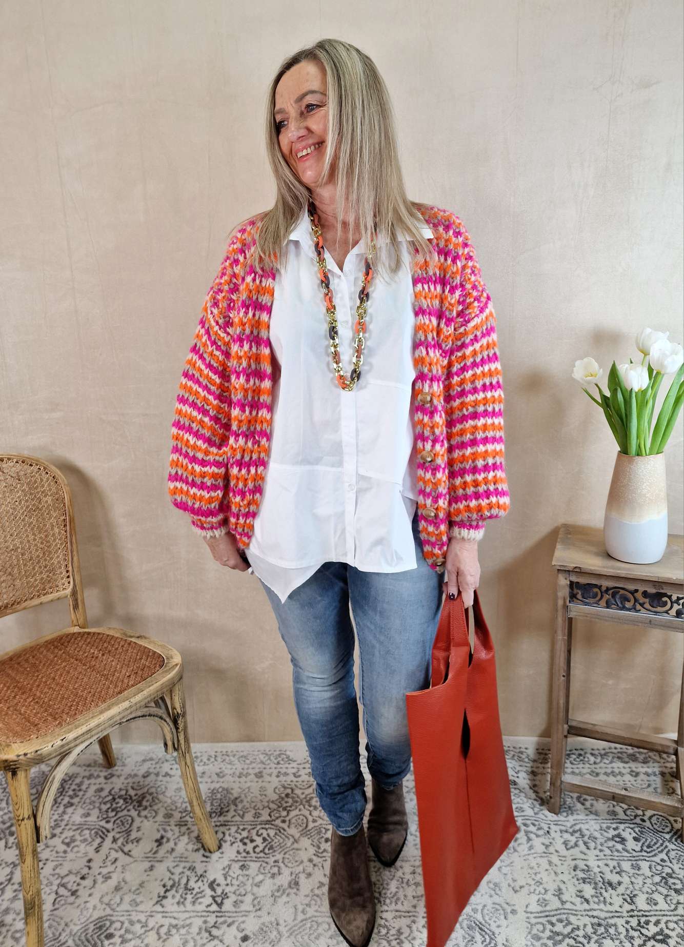SHORT KNIT CARDIGAN DOMINO PINK ORANGE CREME kurze Strick Jacke Made in Italy 34-42 SHORT KNIT CARDIGAN DOMINO PINK ORANGE CREME kurze Strick Jacke Made in Italy 34-42