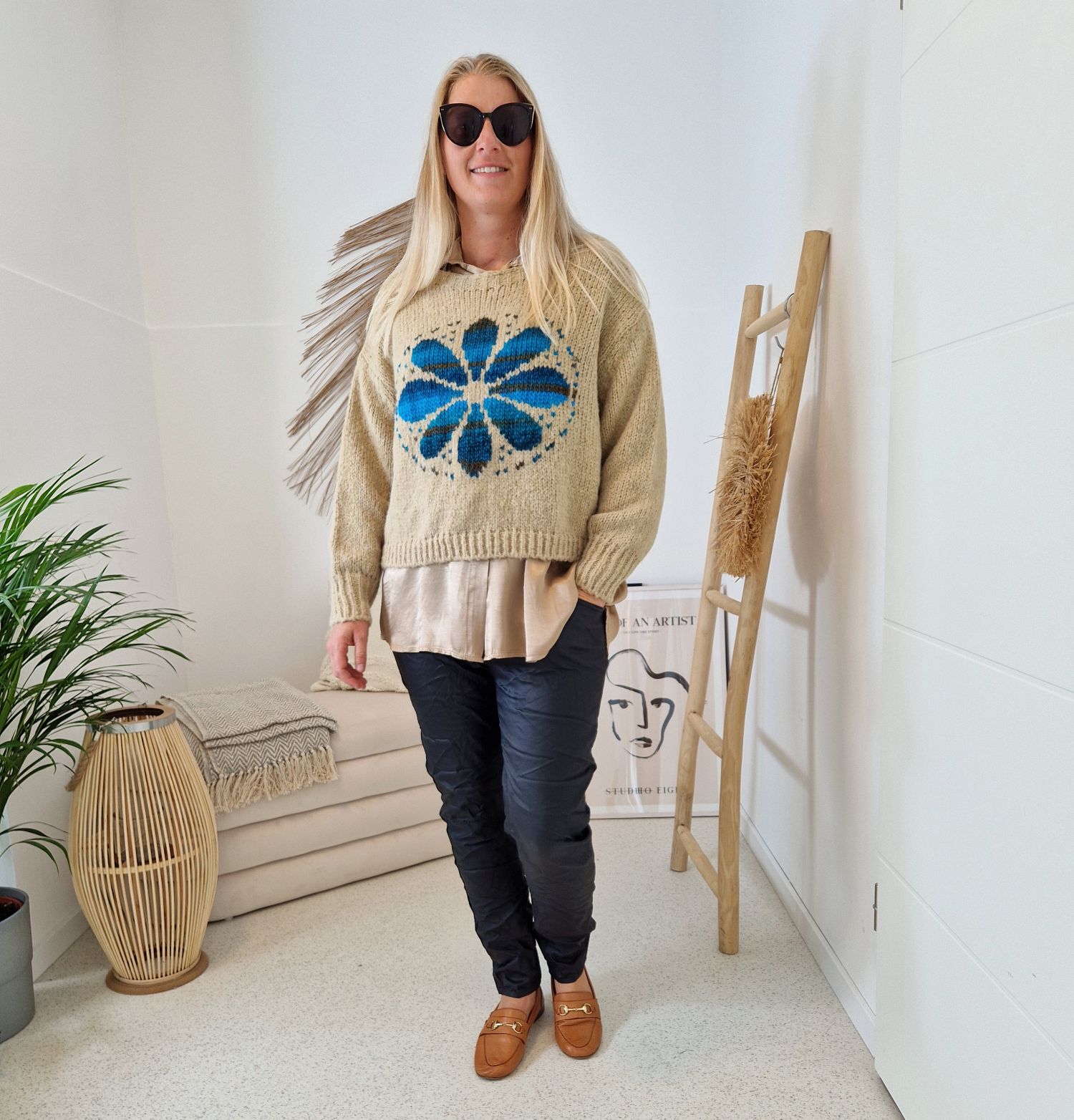 KNIT SWEATER GRETA FLOWER TAUPE Strickpullover Pullover 34-42 Made in Italy versch. Farben KNIT SWEATER GRETA FLOWER TAUPE Strickpullover Pullover 34-42 Made in Italy versch. Farben