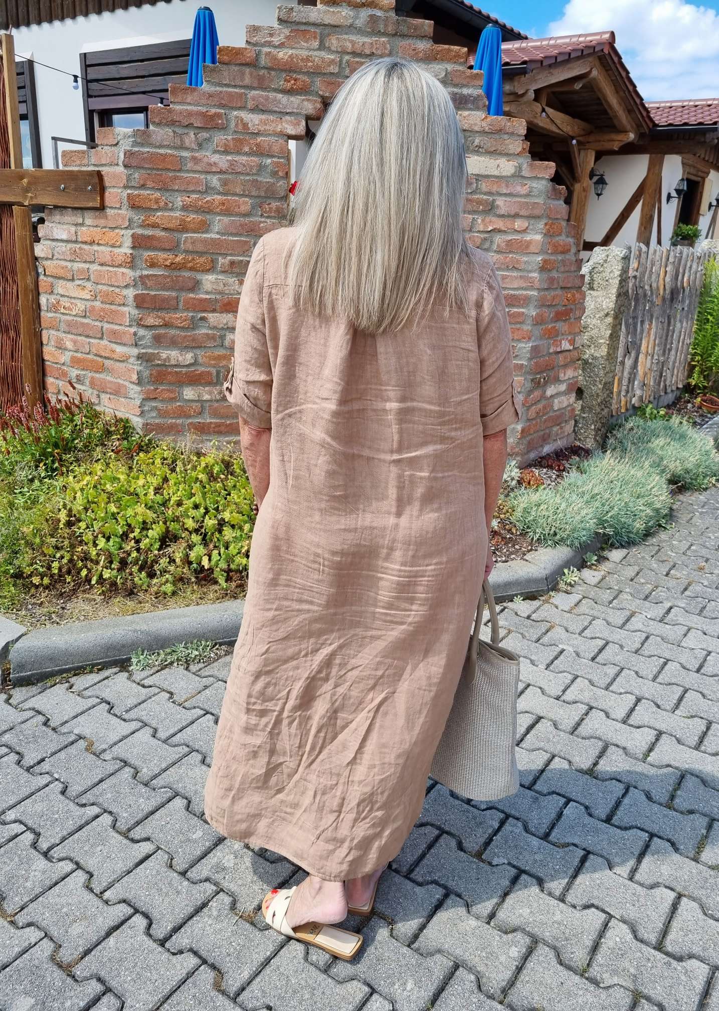 LINEN DESS WILMA CAMEL 34-42 Made in Italy Leinen Kleid Long Bluse Mantel LINEN DESS WILMA CAMEL 34-42 Made in Italy Leinen Kleid Long Bluse Mantel
