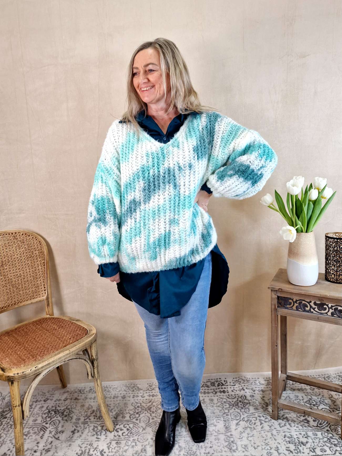 KNIT SWEATER SVENJA BATIK TÜRKIS Strickpullover Pullover 34-42 Oversize Made in Italy versch. Farben KNIT SWEATER SVENJA BATIK TÜRKIS Strickpullover Pullover 34-42 Oversize Made in Italy versch. Farben