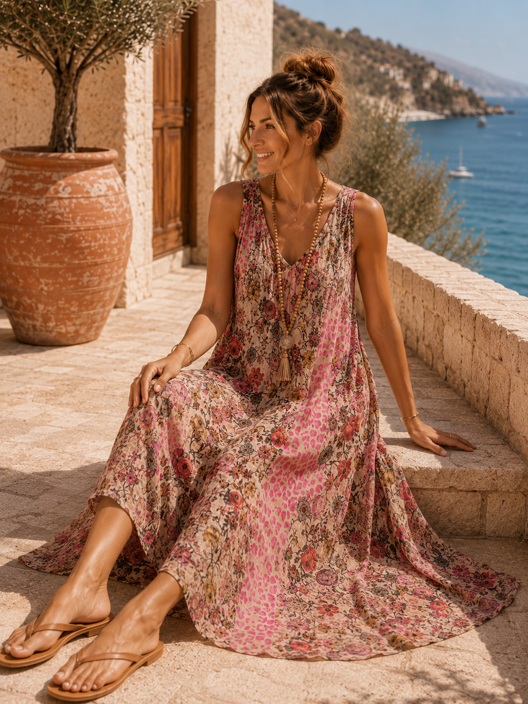Maxikleid „Zawadi“ – Leo trifft Blütenzauber – Made in Italy  Trendiges Leo-Kleid mit Taschen | Passend bis Größe 42/44