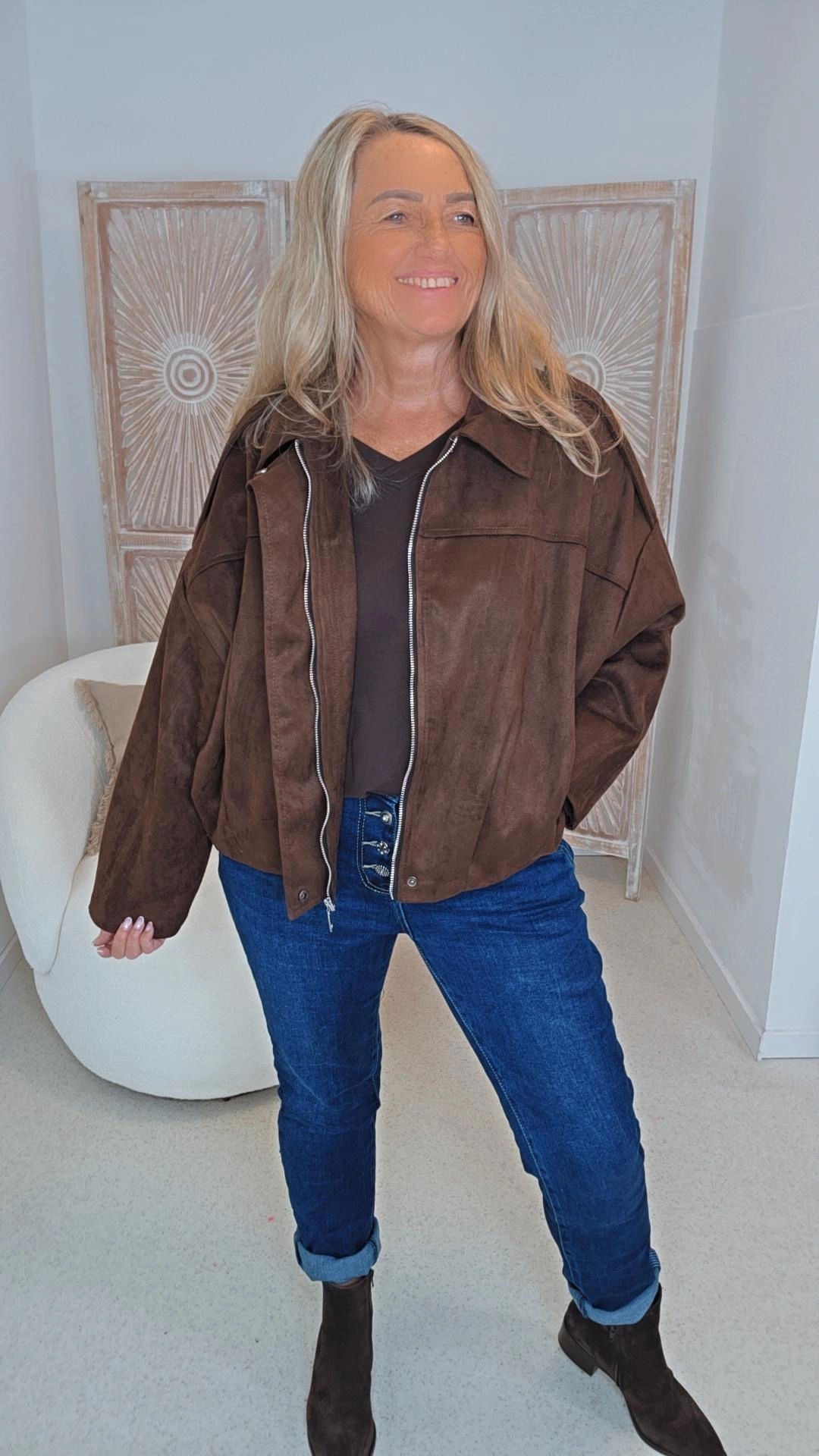 TRENDIGE BLOUSON JACKE SUEDE TOUCH RIGA MANTELJACKE Made in Italy 34 - 42 Velourlederimitat