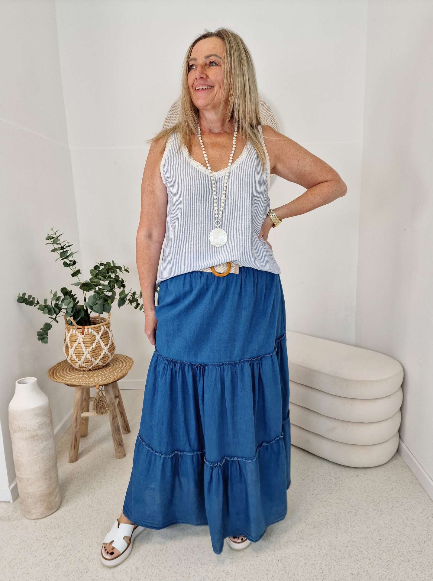 LINEN TOP MICHELLE STRIPES BLAU 34-42 Made in Italy Kurzarm Leinen Basic Shirt LINEN TOP MICHELLE STRIPES BLAU 34-42 Made in Italy Kurzarm Leinen Basic Shirt