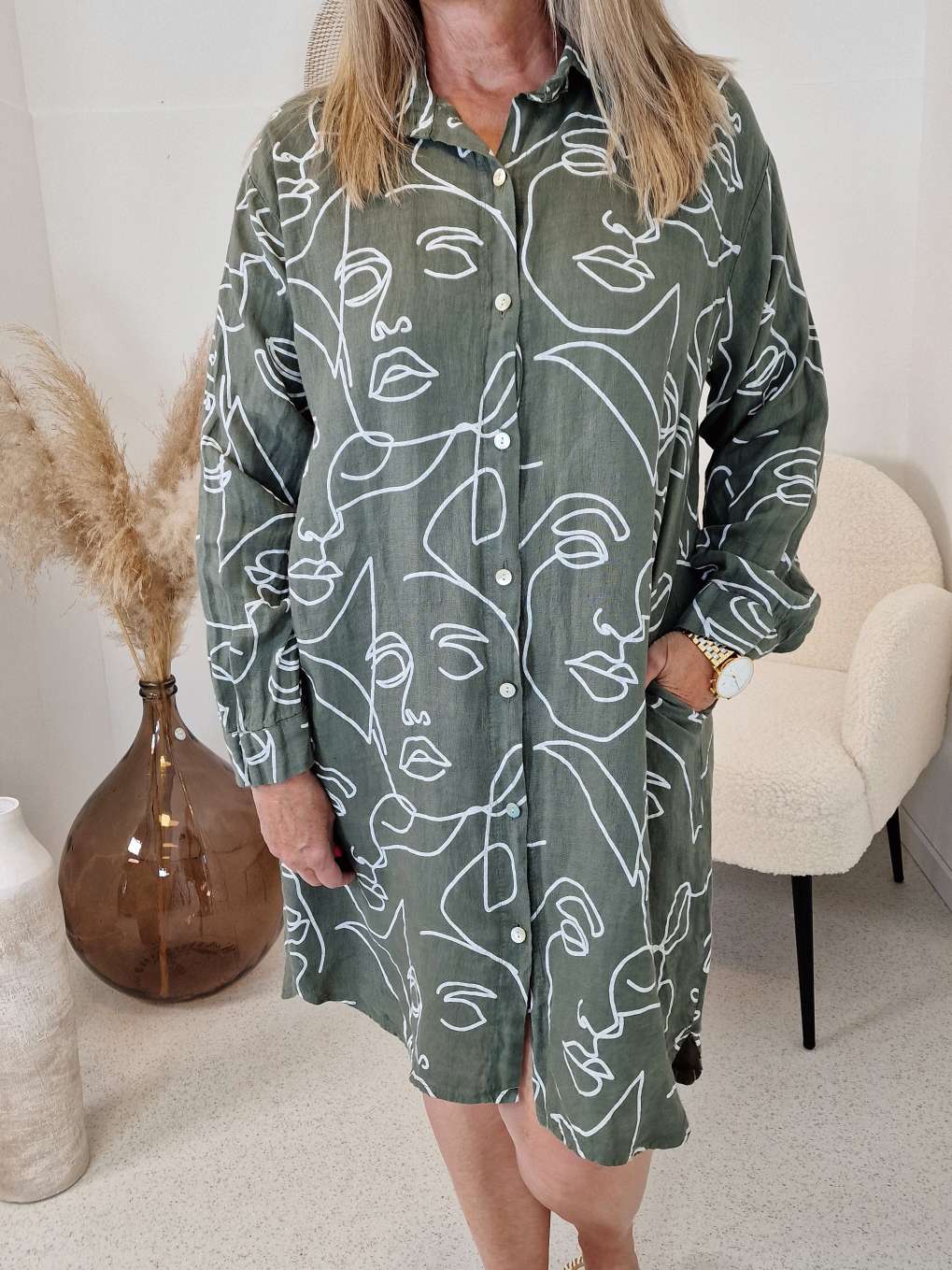 LEINEN  BLUSE BALU FACE KHAKI Hemd Oversize 34-42 Long Shirt  Blusenkleid Kleid