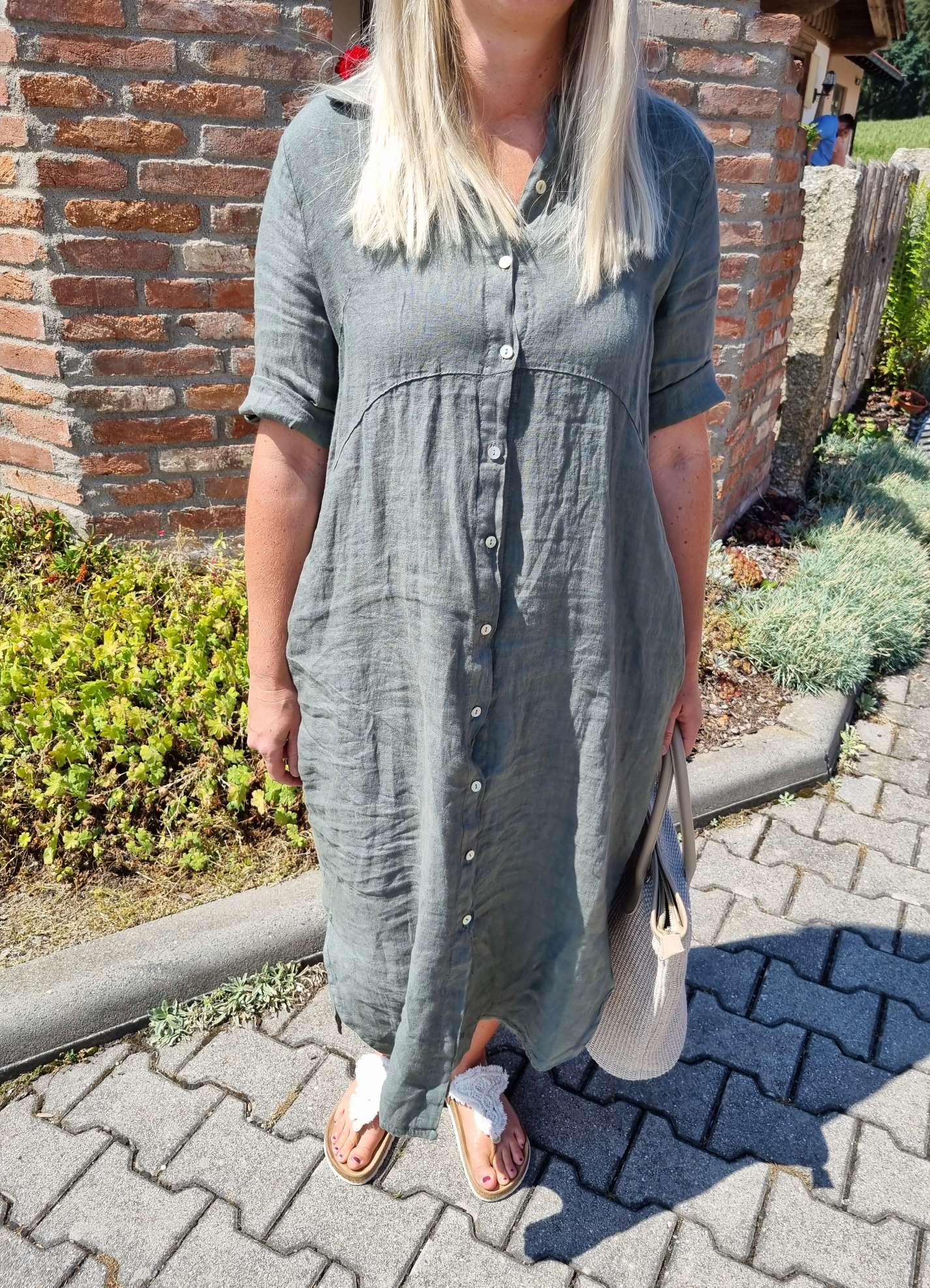 LINEN DESS WILMA KHAKI 34-42 Made in Italy Leinen Kleid Long Bluse Mantel LINEN DESS WILMA KHAKI 34-42 Made in Italy Leinen Kleid Long Bluse Mantel