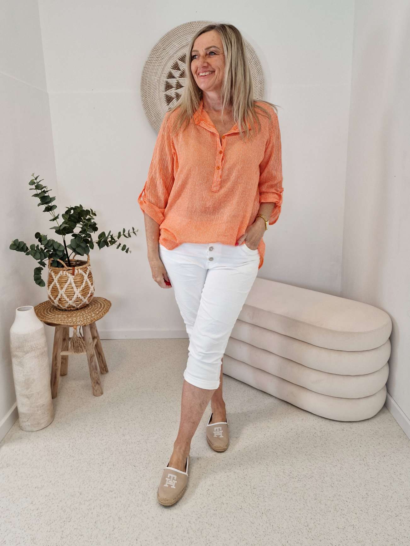ZARTE STREIFEN BLUSE BELINDE ORANGE 34-42 langarm Bluse Shirt ZARTE STREIFEN BLUSE BELINDE ORANGE 34-42 langarm Bluse Shirt