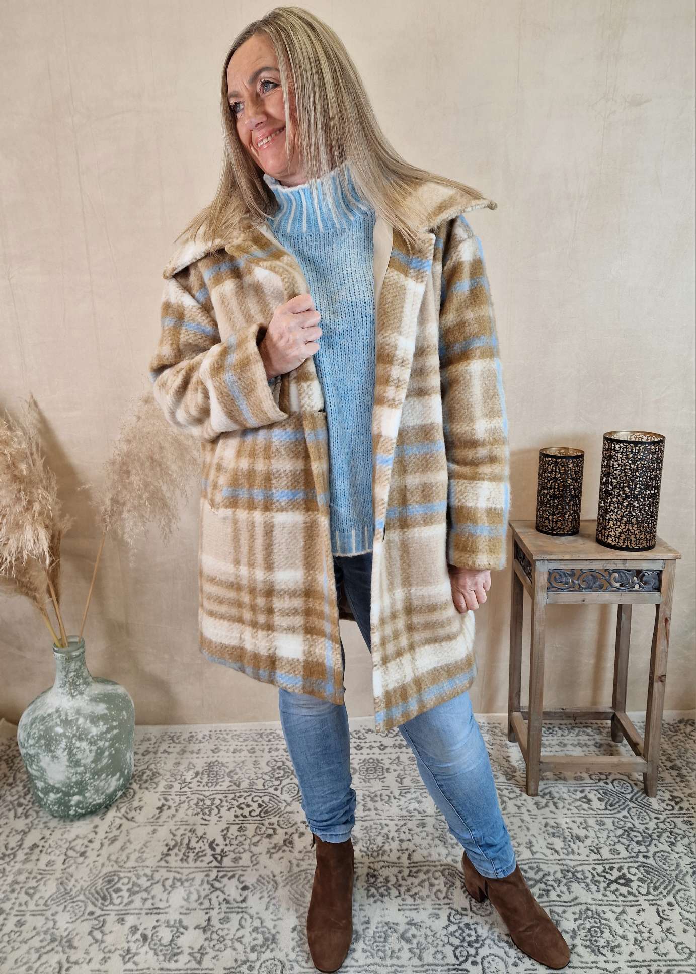 WOLL MANTEL MADITA CAMEL HELLBLAU 34-42 Made in Italy Winter Jacke Fleece Coat 