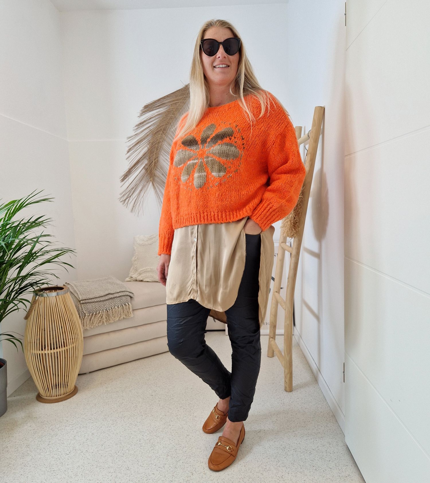 KNIT SWEATER GRETA FLOWER ORANGE Strickpullover Pullover 34-42 Made in Italy versch. Farben KNIT SWEATER GRETA FLOWER ORANGE Strickpullover Pullover 34-42 Made in Italy versch. Farben