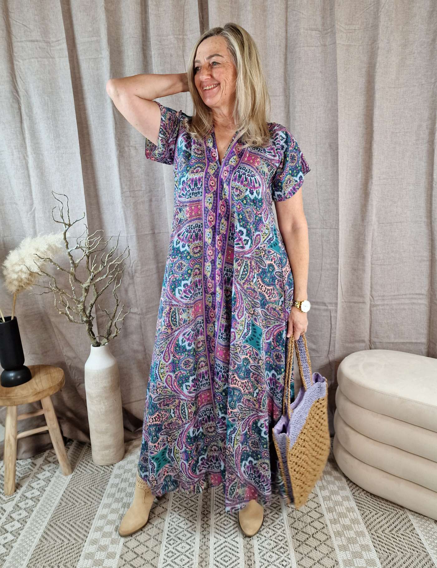 SILK DRESS MALEDIVE LONG PEGGY FLIEDER  Boho Boheimian Kunstseide Kleid Maxi Beach Sommer  34-42 