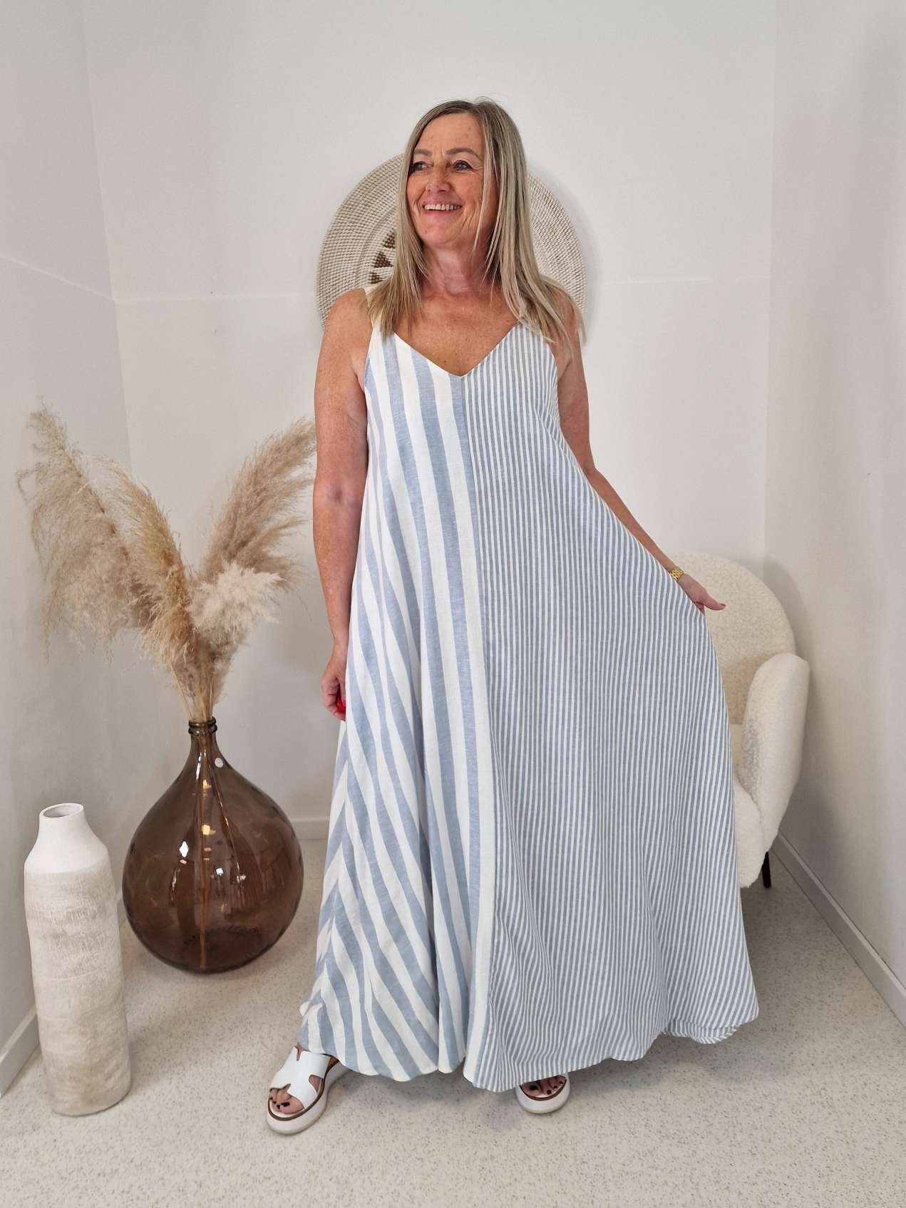 SPAGETTI LEINENKLEID HAJA  BLAU 36 - 42 Made in Italy  Kleid   