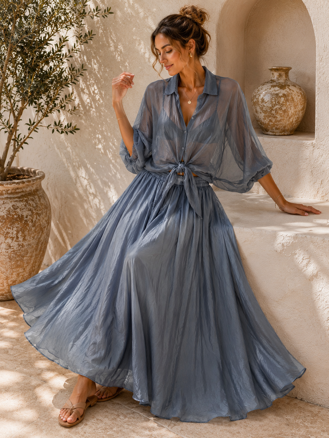 Exklusive Seidenbluse Nerea Uni leicht transparent zum Binden 34-42/44