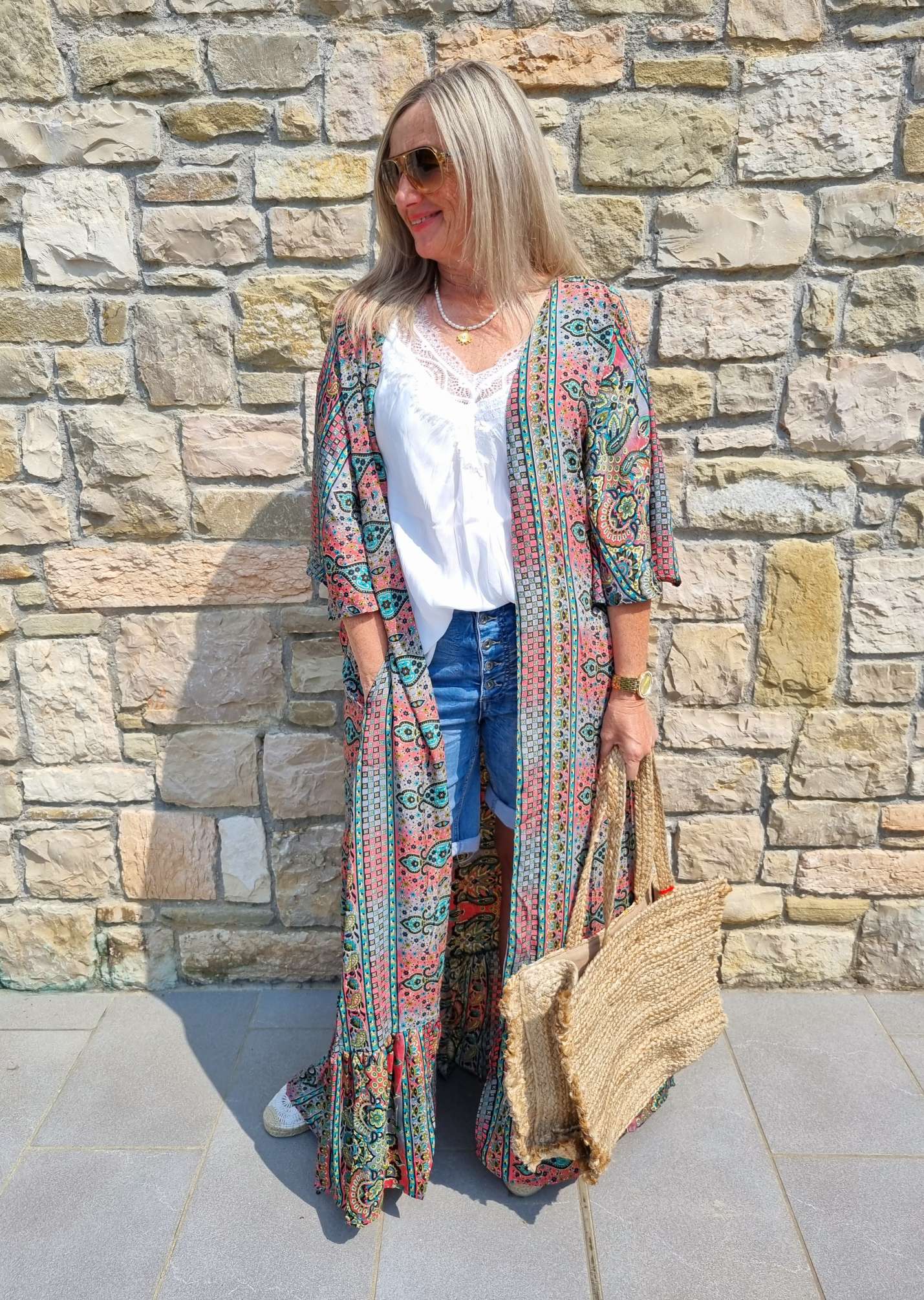 MAXI SILK KIMONO MALEDIVE MIT VOLANT PETROL Seide Jacke Mantel Beach Sommer 34-40 Kaftan MAXI SILK KIMONO MALEDIVE MIT VOLANT PETROL Seide Jacke Mantel Beach Sommer 34-40 Kaftan