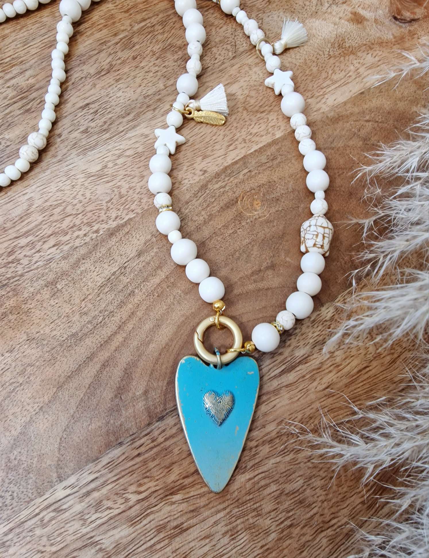   EXKLUSIVE LANGE KETTE BUDDHA OFFWHITE HEART TÜRKIS Gold Shiny