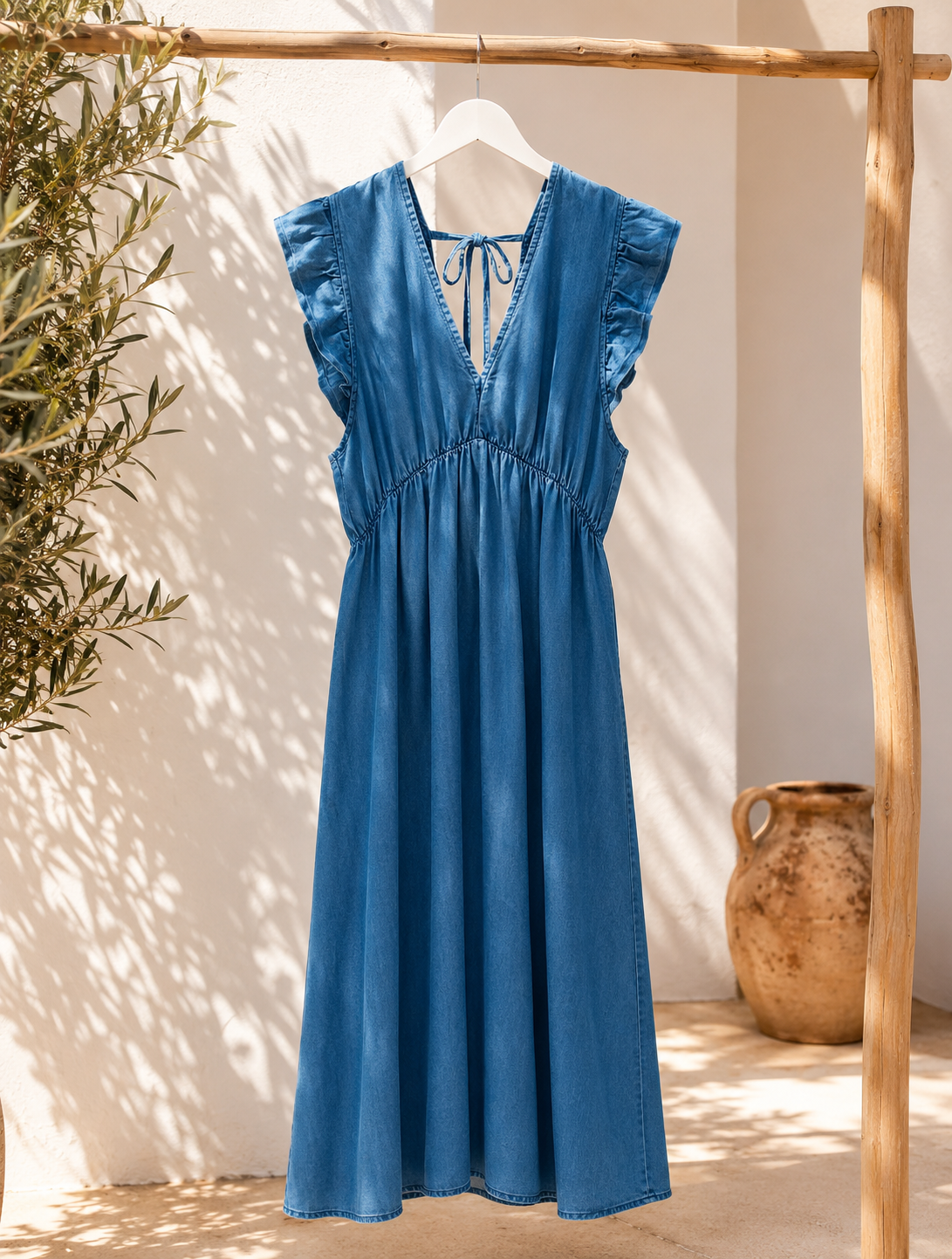 JEANSKLEID KLEID ZOE LYOCELL 34 - 42 Made in Italy ärmellos Rüsche