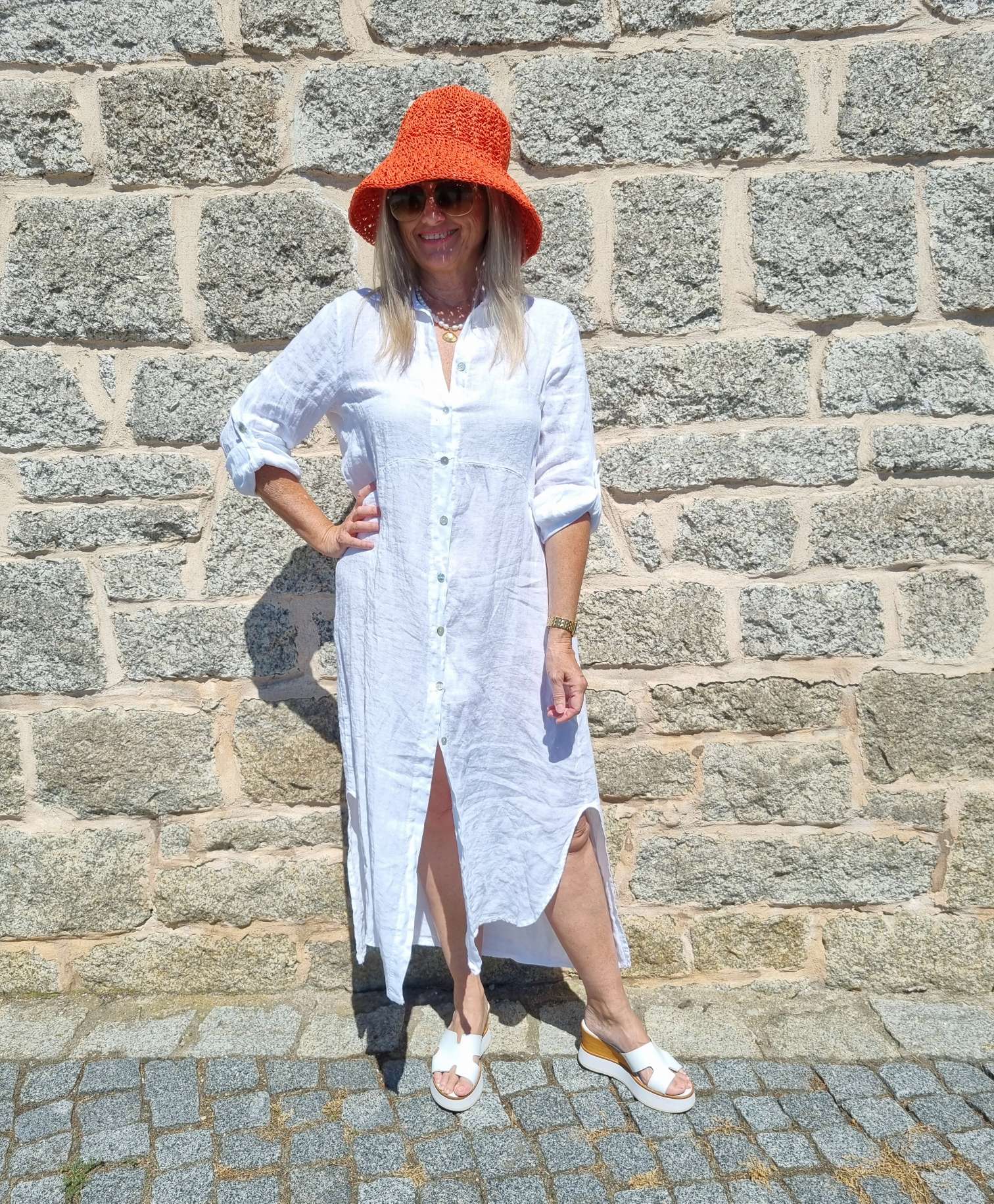 LINEN DESS WANDA 2 WEISS 34-40 Made in Italy Leinen Kleid Long Bluse Mantel LINEN DESS WANDA 2 WEISS 34-40 Made in Italy Leinen Kleid Long Bluse Mantel