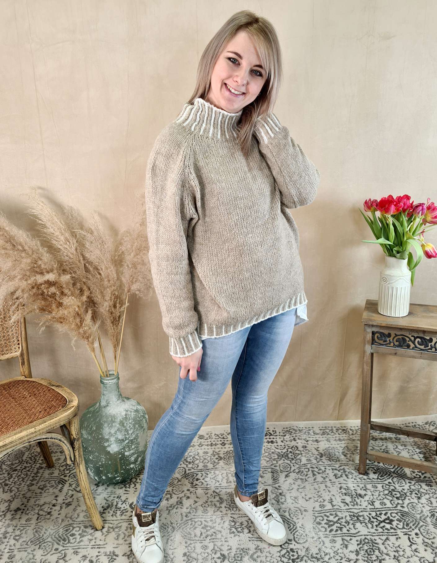 KNIT SWEATER ULRIKE TAUPE Made in Italy 34-42 Strick Pullover KNIT SWEATER ULRIKE TAUPE Made in Italy 34-42 Strick Pullover