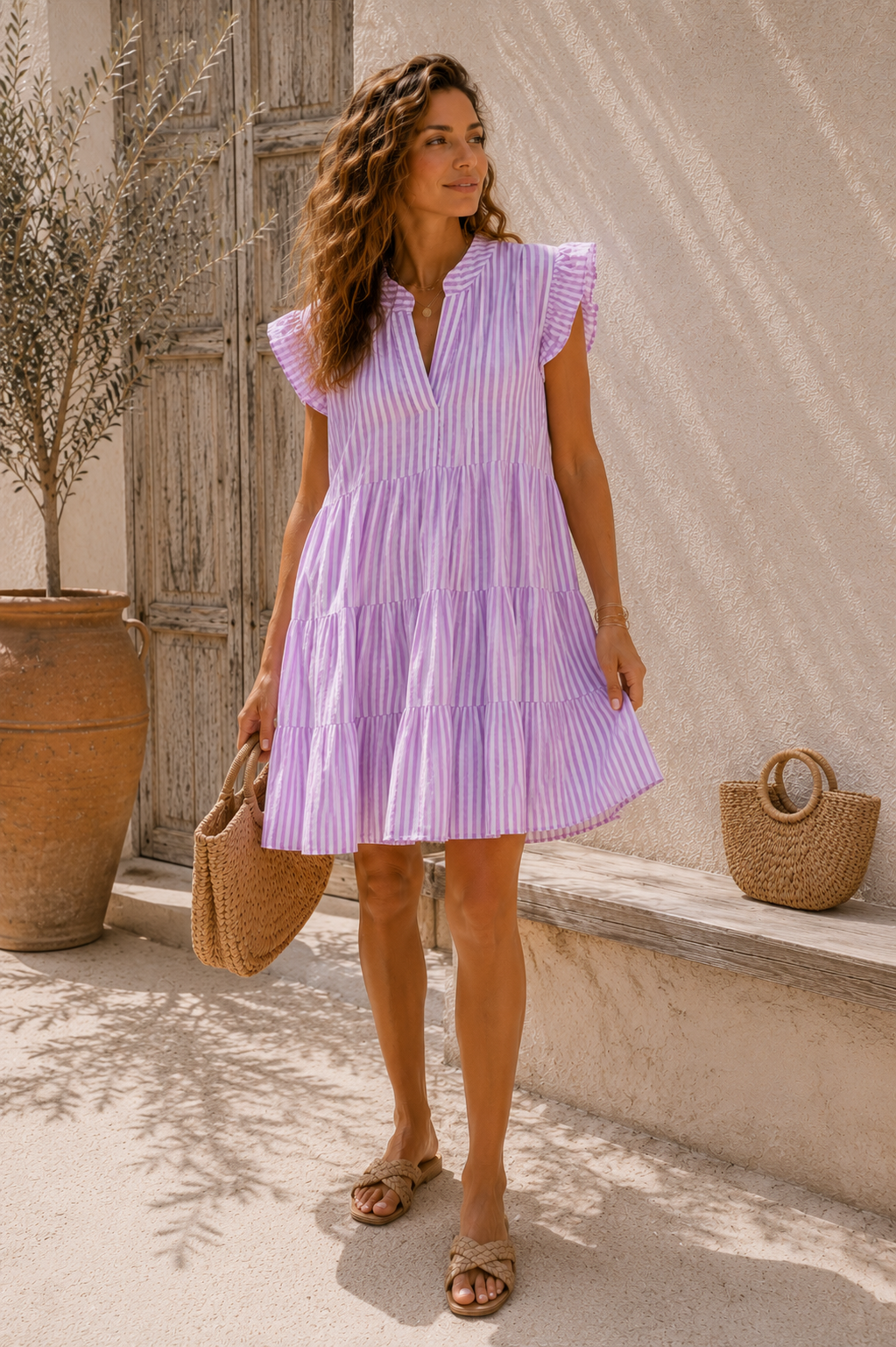 MUSSELIN KLEID TAMI FLIEDER CREME STRIPES  kurz Rüschen 34 - 42 Summer Dress