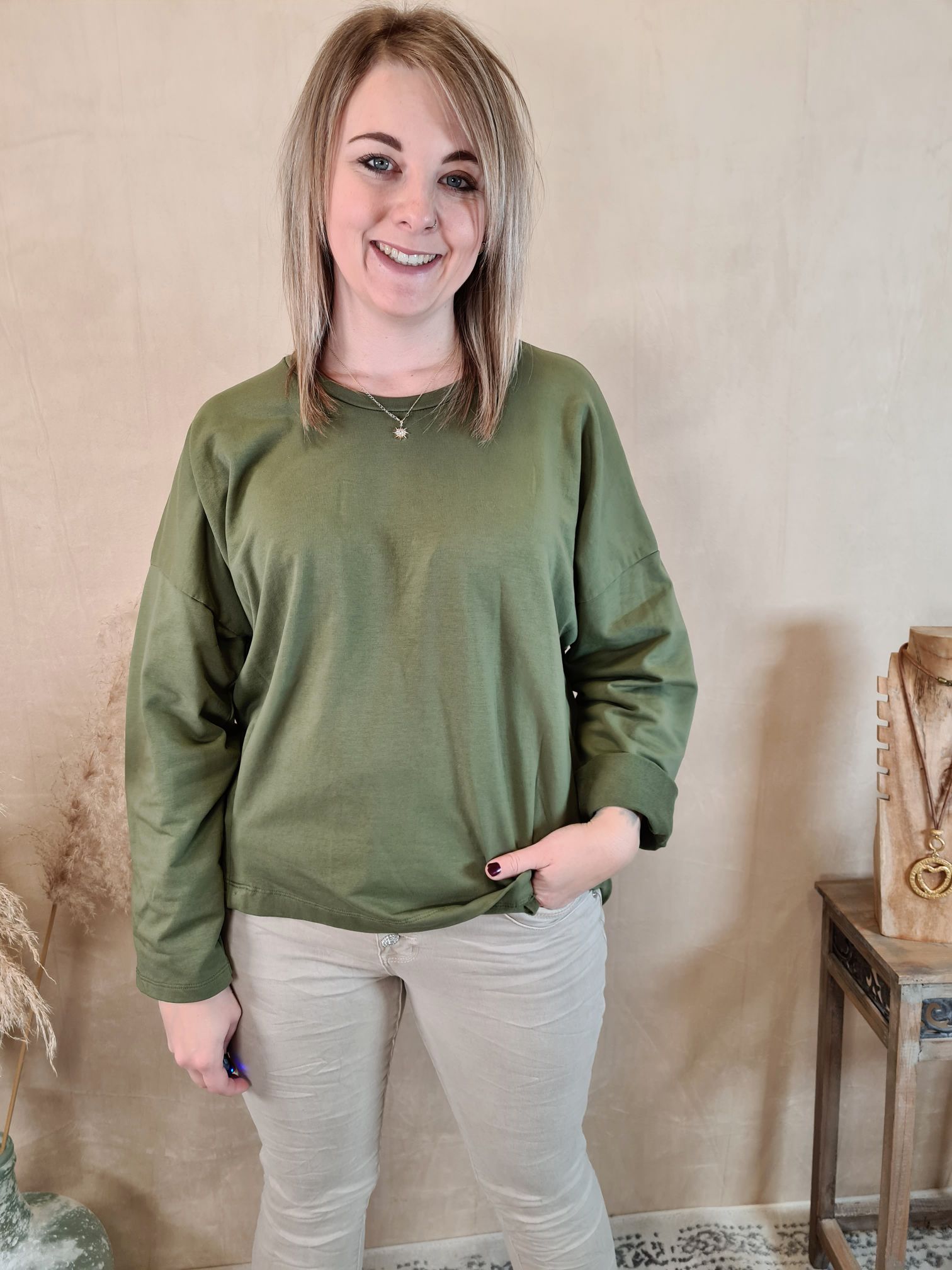 BASIC SHIRT HEIDI KHAKI 34-42 Made in Italy Langarm Shirt Sweatshirt Longsleeve