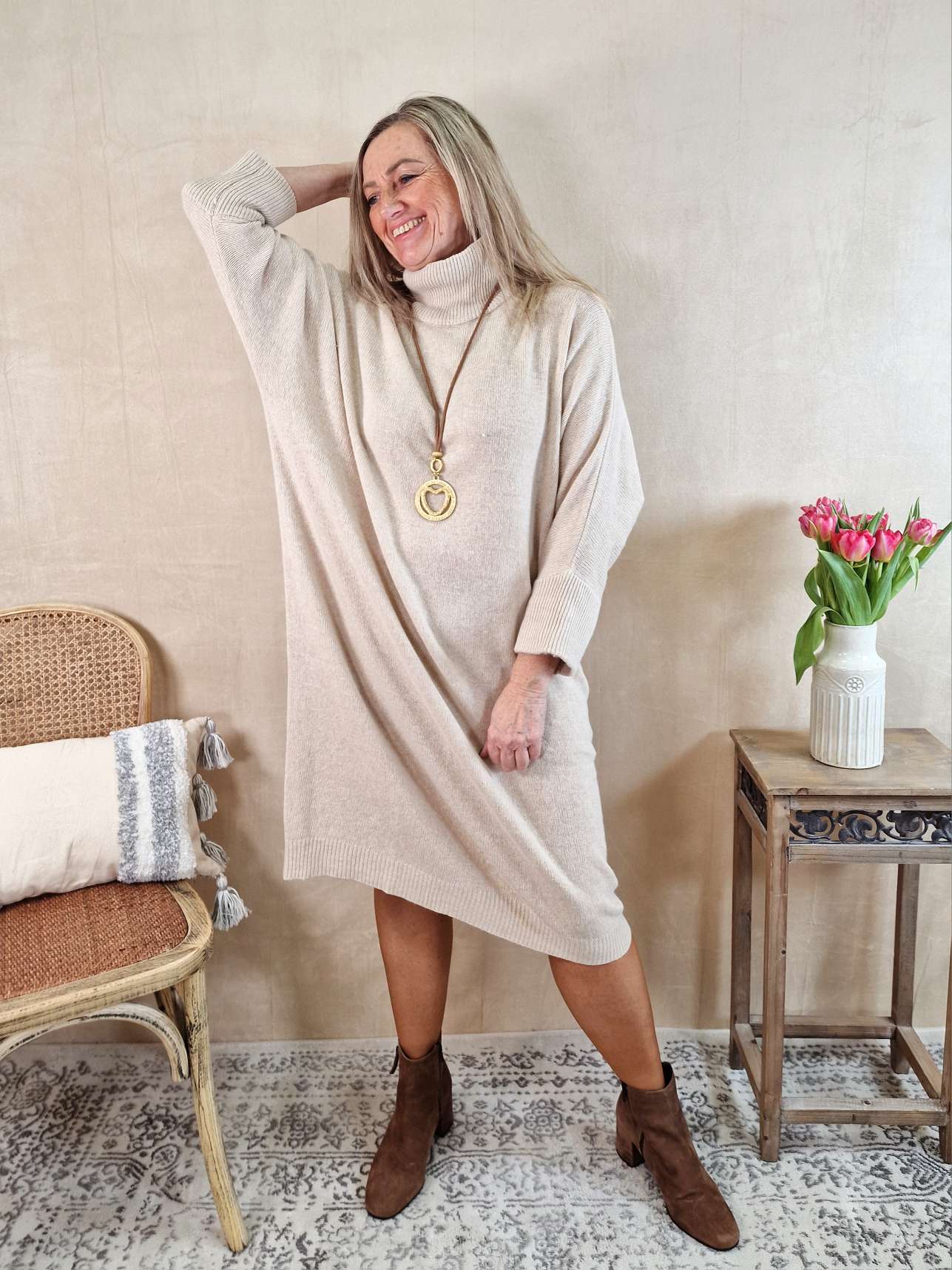 CASHMERE DRESS STELLA BEIGE 34-44 Made in Italy Strick Kleid Long Pullover CASHMERE DRESS STELLA BEIGE 34-44 Made in Italy Strick Kleid Long Pullover