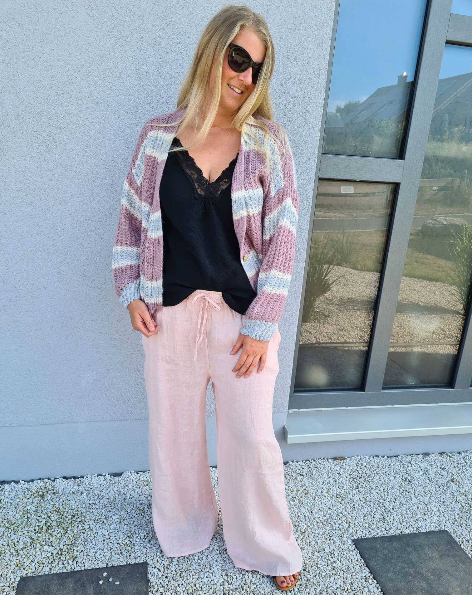 SHORT KNIT CARDIGAN MYKONOS STRIPES BUTTONS ROSA GRAU kurze Strick Jacke Made in Italy Knöpfe Streifen 34-42 SHORT KNIT CARDIGAN MYKONOS STRIPES BUTTONS ROSA GRAU kurze Strick Jacke Made in Italy Knöpfe Streifen 34-42